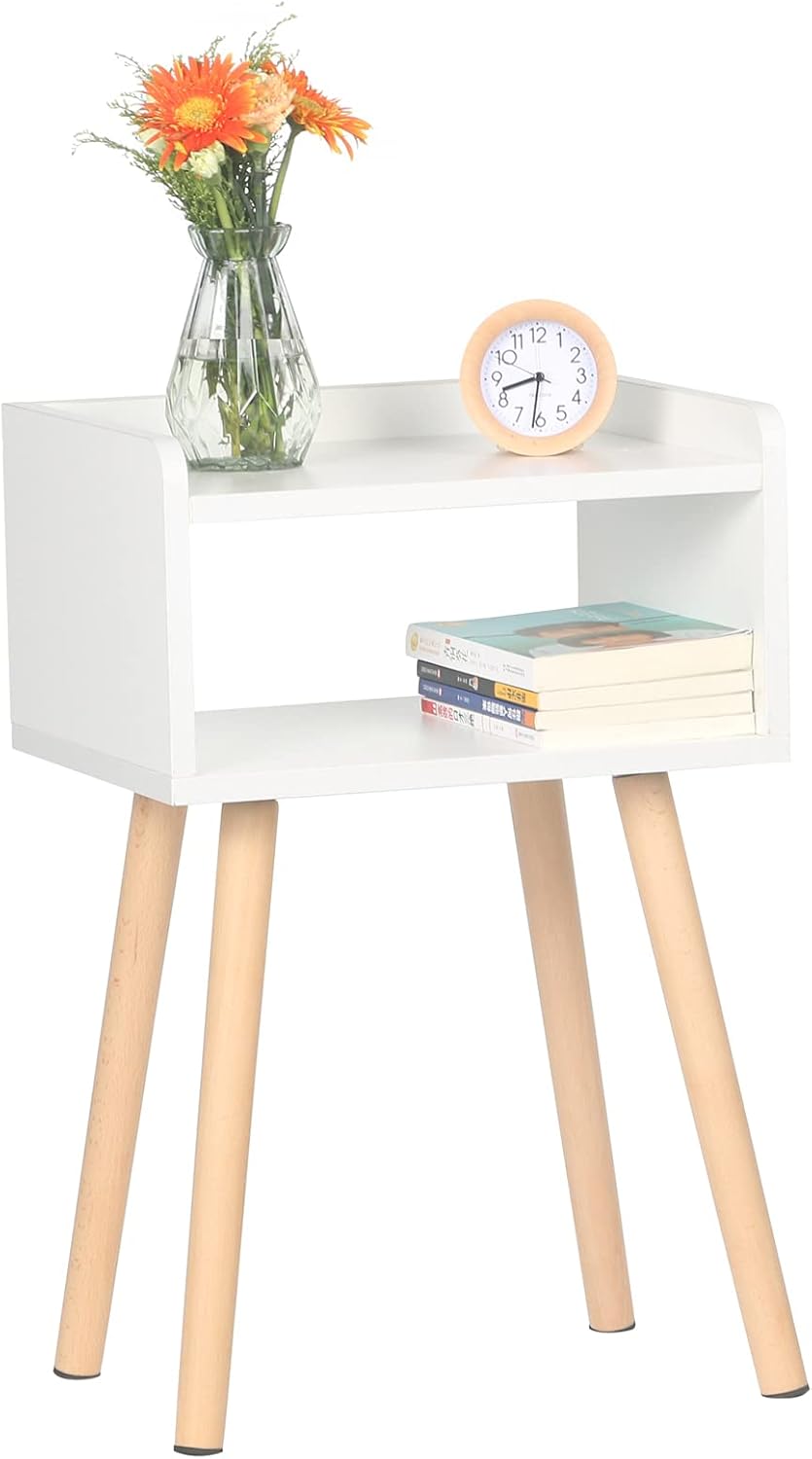 White Mid-Century Modern Nightstand with Solid Wood Legs W93505
