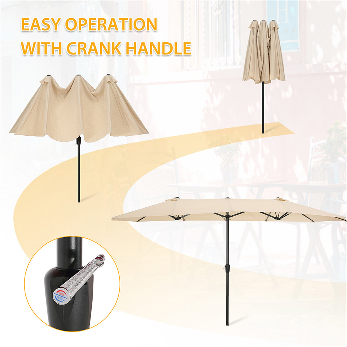 Tan Double-Sided Rectangular Patio Market Umbrella with Crank H599512