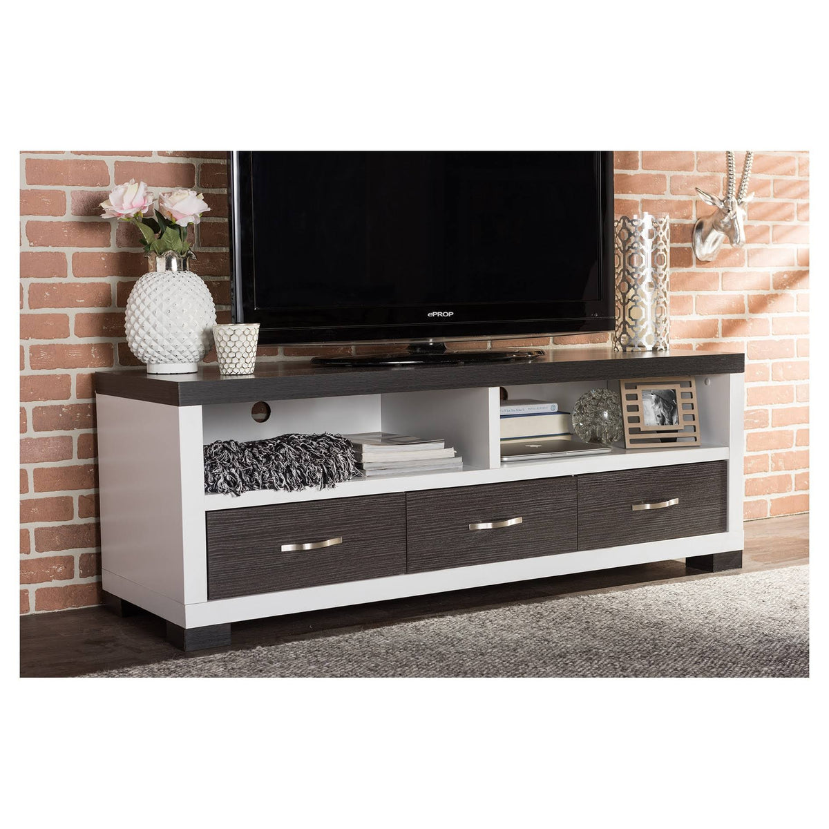 White and Dark Brown Entertainment TV Cabinet with Three Drawers K5327