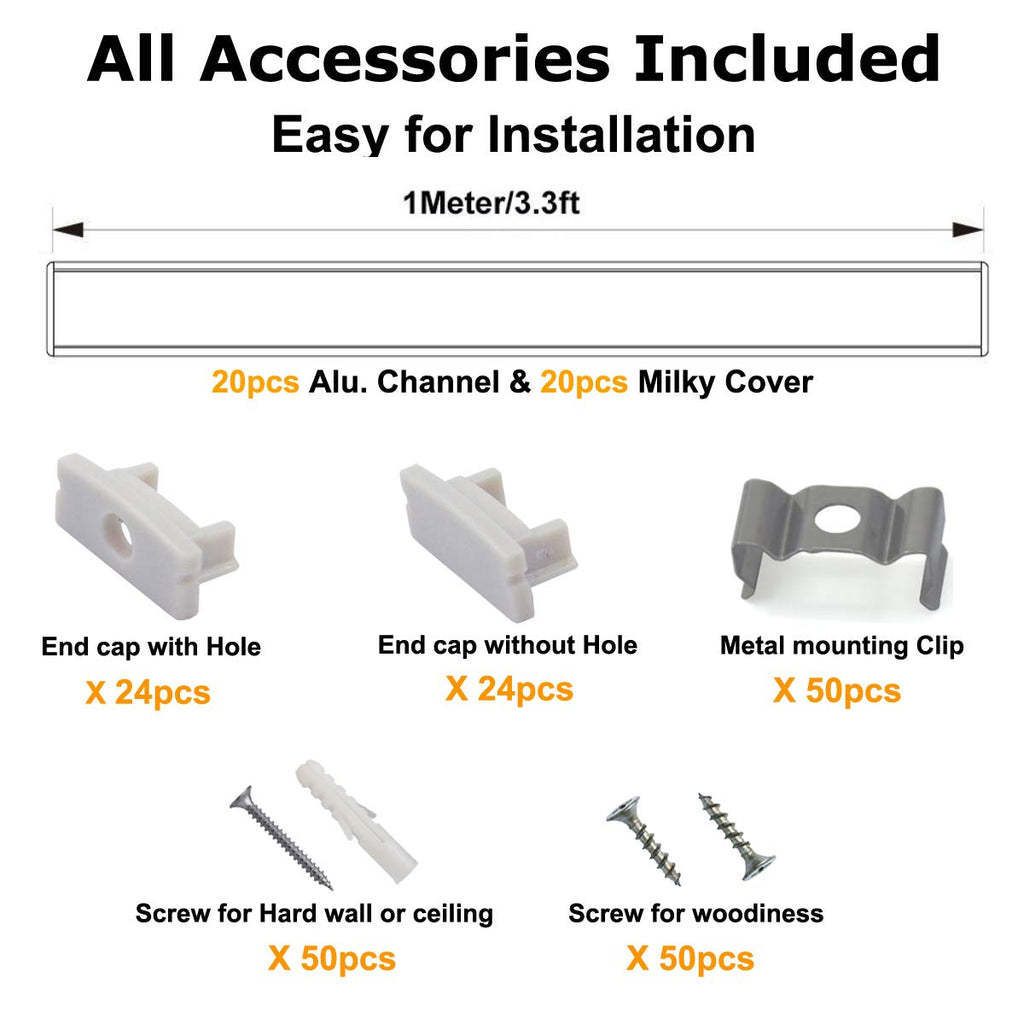20-Pack 3.3ft U Shape LED Aluminum Channel System with Milky Cover, End Caps and Mounting Clips C466