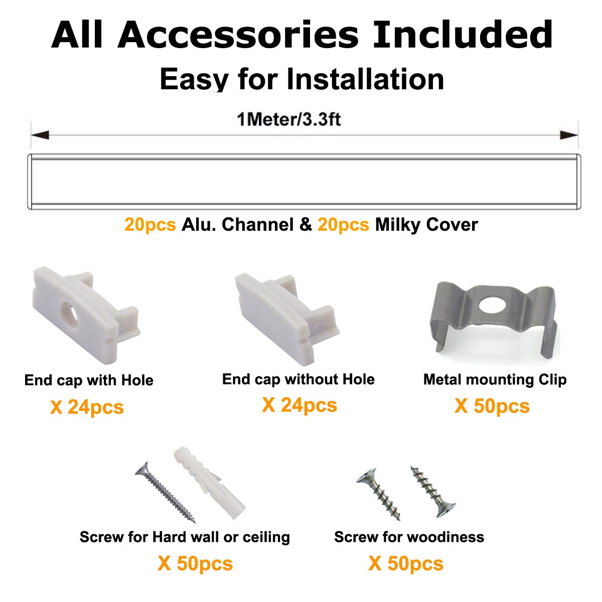 20-Pack 3.3ft U Shape LED Aluminum Channel System with Milky Cover, End Caps and Mounting Clips C466