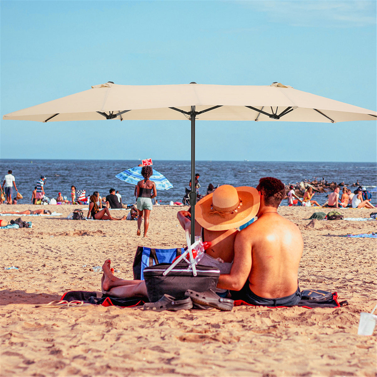 Tan Double-Sided Rectangular Patio Market Umbrella with Crank H599512