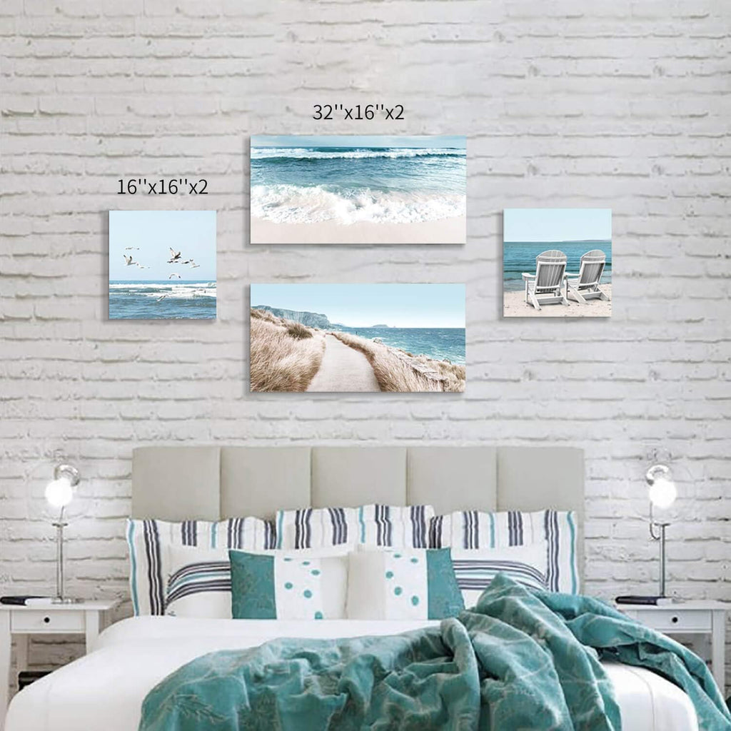 Beach Chairs & Seagulls Canvas Wall Art Print (12''x12''x2pcs+24''x12''x2pcs) F8088