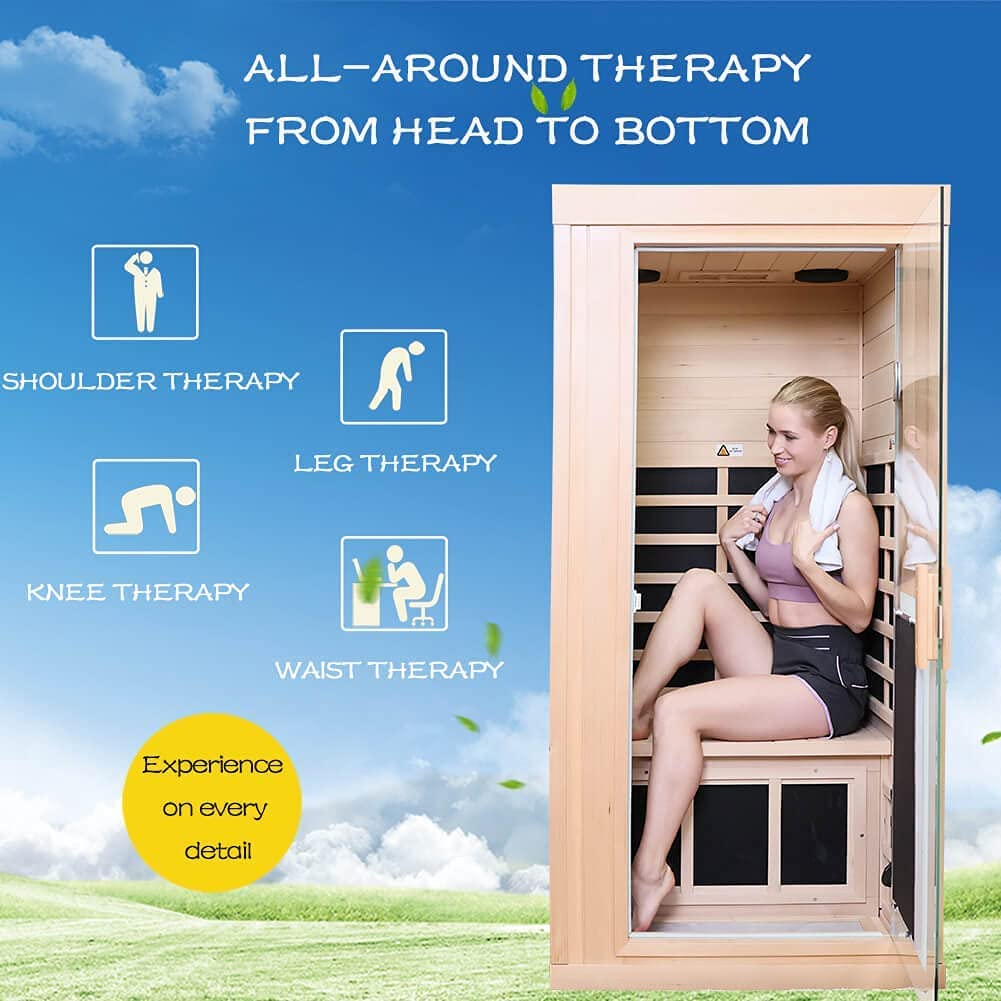 Far Infrared Wooden Sauna Room, 1-Person Size, 1350W, 8 Low EMF Heaters C3504