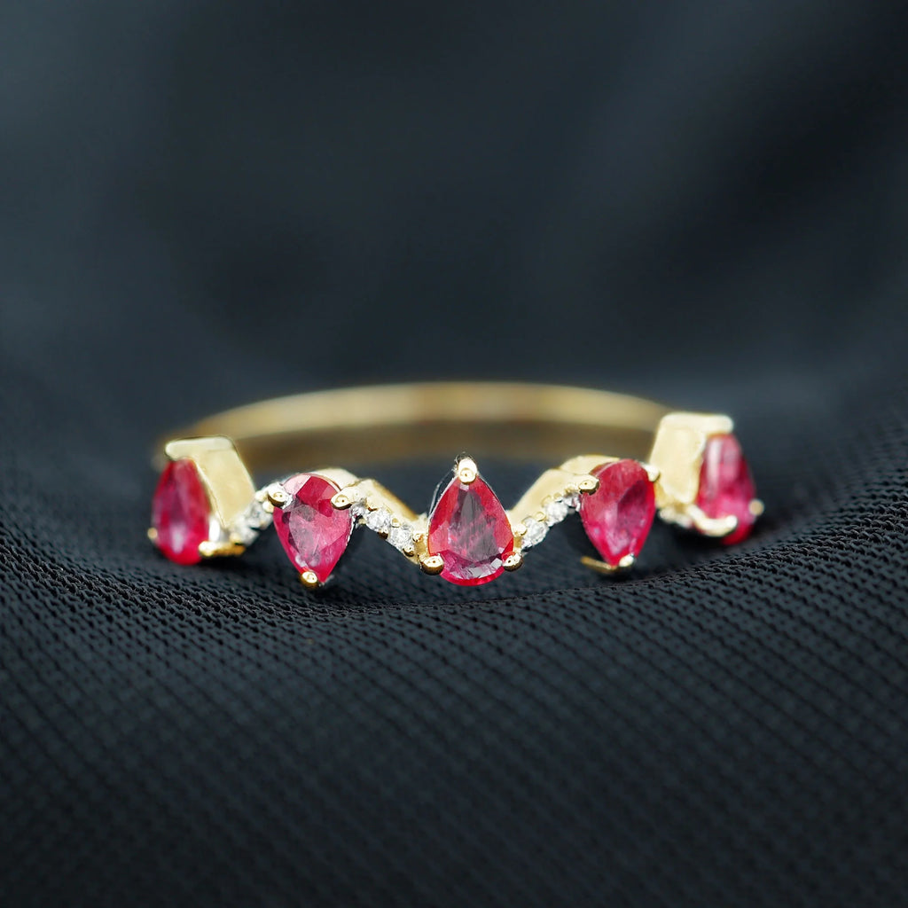 Pear Cut Ruby and Diamond Half Eternity Ring, 14K Yellow Gold, US 9.00 S4696