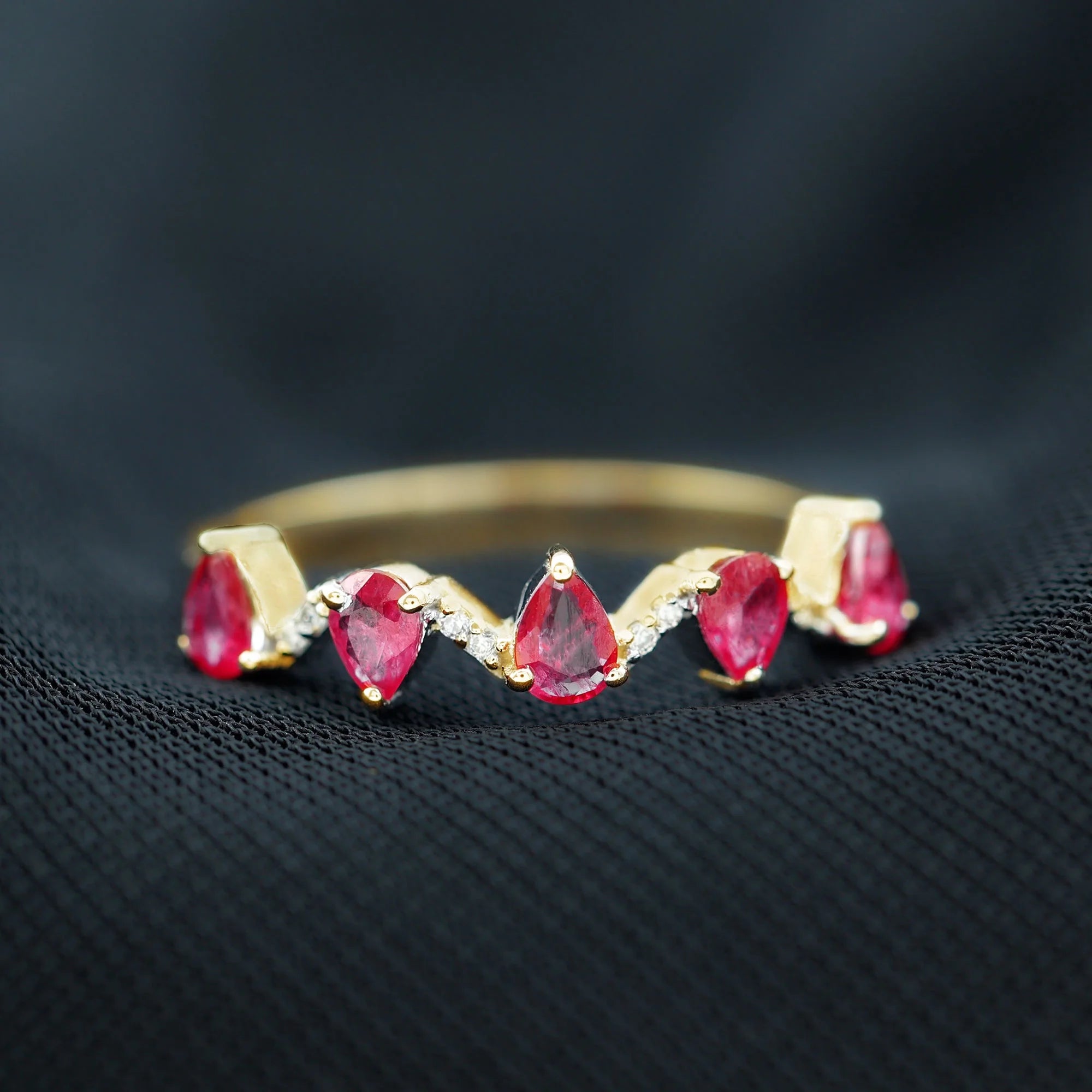 Pear Cut Ruby and Diamond Half Eternity Ring, 14K Yellow Gold, US 9.00 S4696