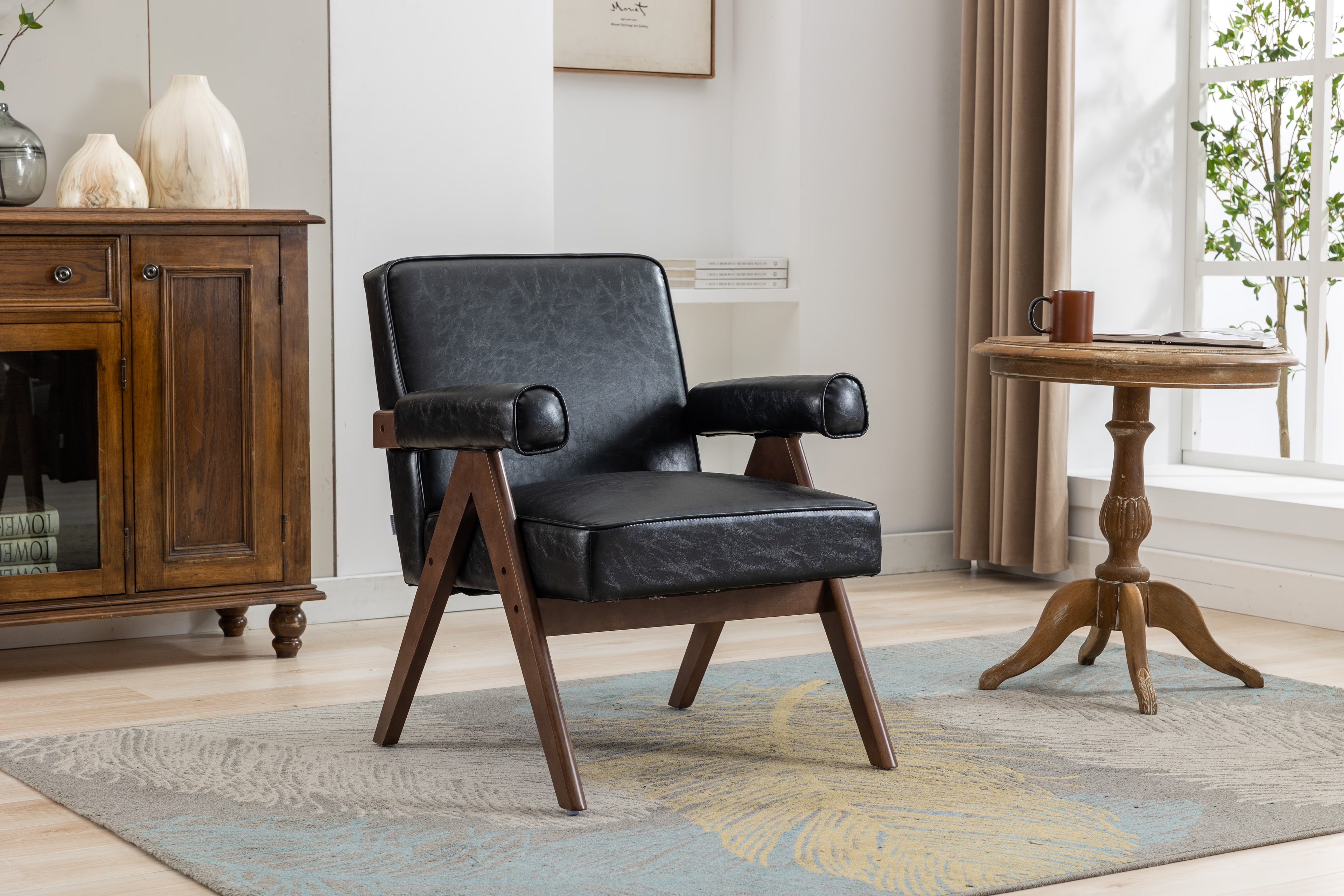 Mid-Century Modern Accent Chair with Solid Wood Armrest Z4497