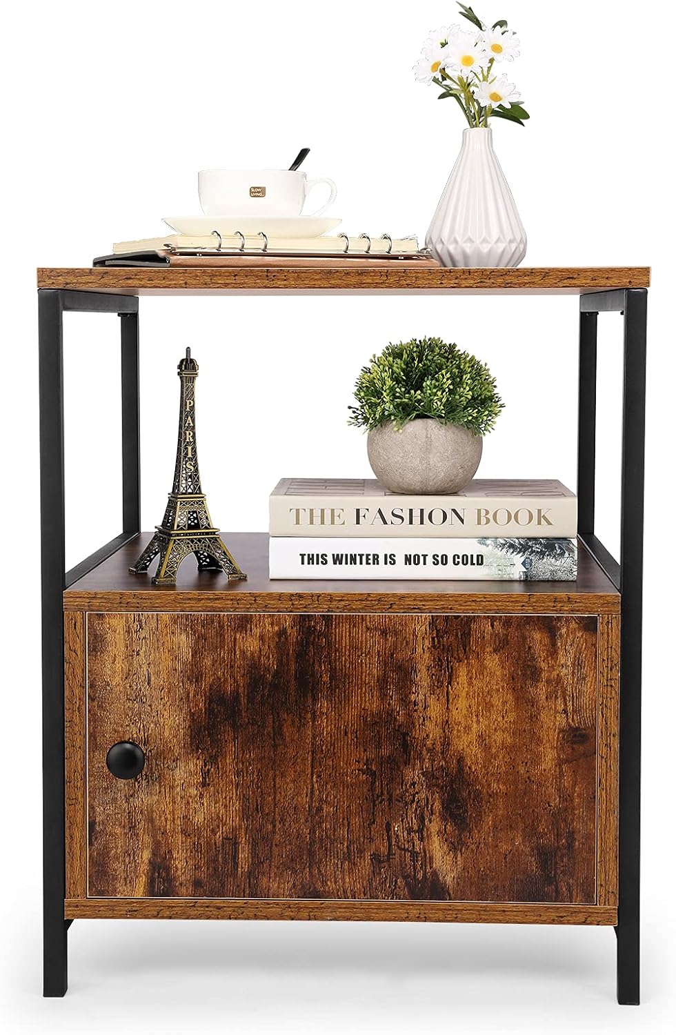 White 3-Tier Wooden Nightstand with Storage Cabinet and Open Shelf V49082