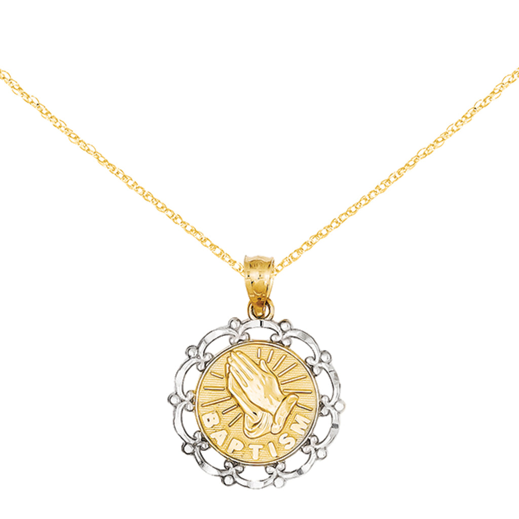 14 Karat Yellow Gold Rhodium Plated Baptism Pendant with 18-inch Cable Rope Chain V546