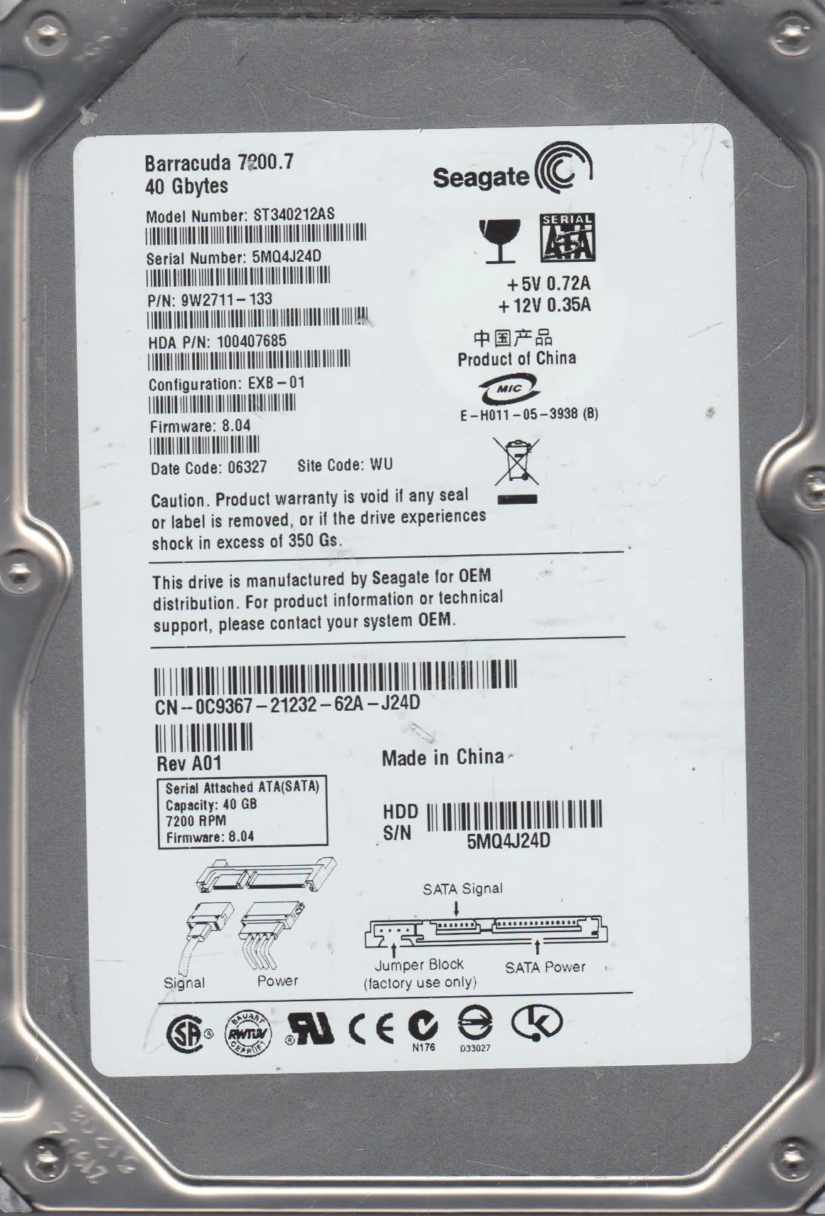 40GB SATA 3.5 Hard Drive X48313