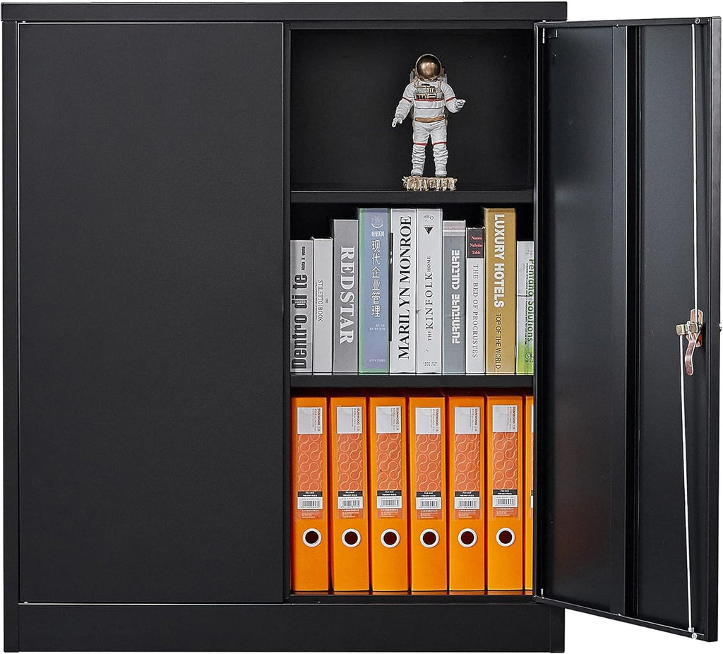 Metal Storage Cabinet with 2 Adjustable Shelves, 41.7 Black Garage Cabinets with Doors and Lock O397437