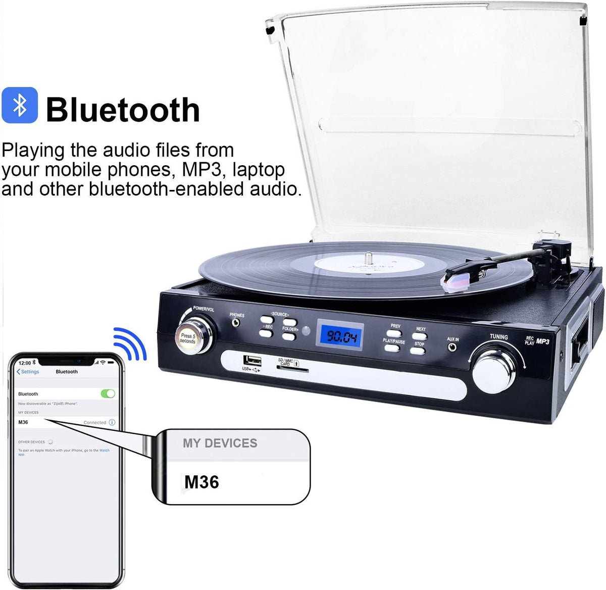 Bluetooth Record Player with Stereo Speakers, AM/FM Radio, Remote Control, Black, Pack of 2 C183671