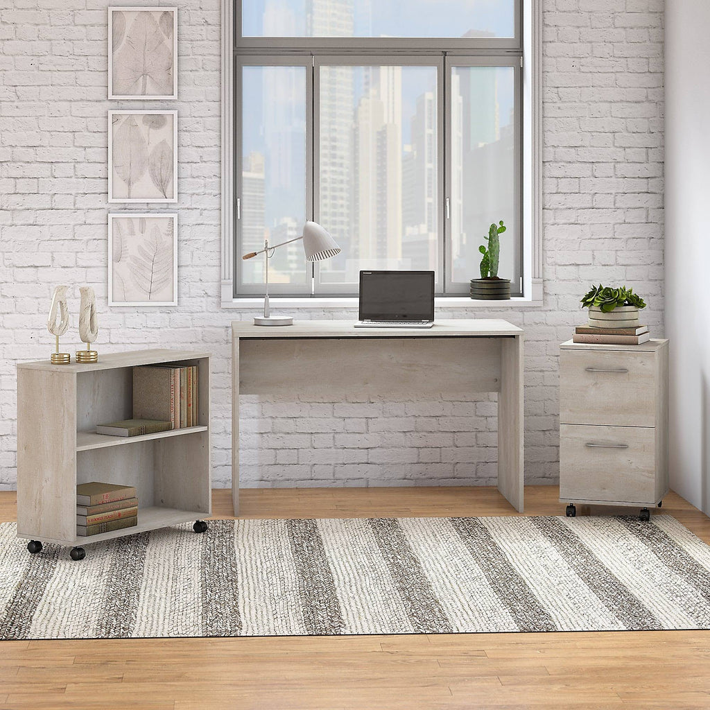 Washed Gray Small Desk with Mobile File Cabinet and Bookcase R334023