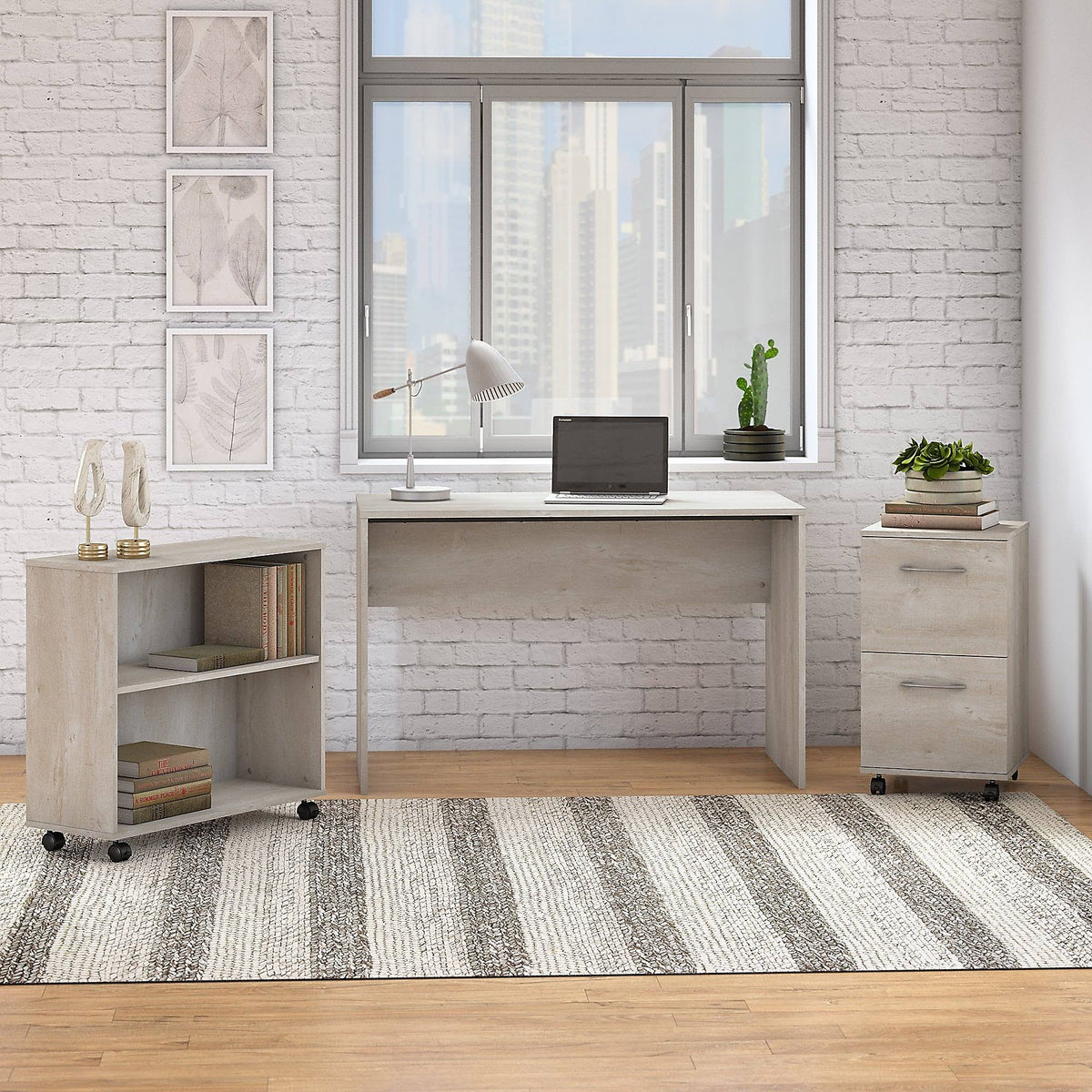 Washed Gray Small Desk with Mobile File Cabinet and Bookcase R334023