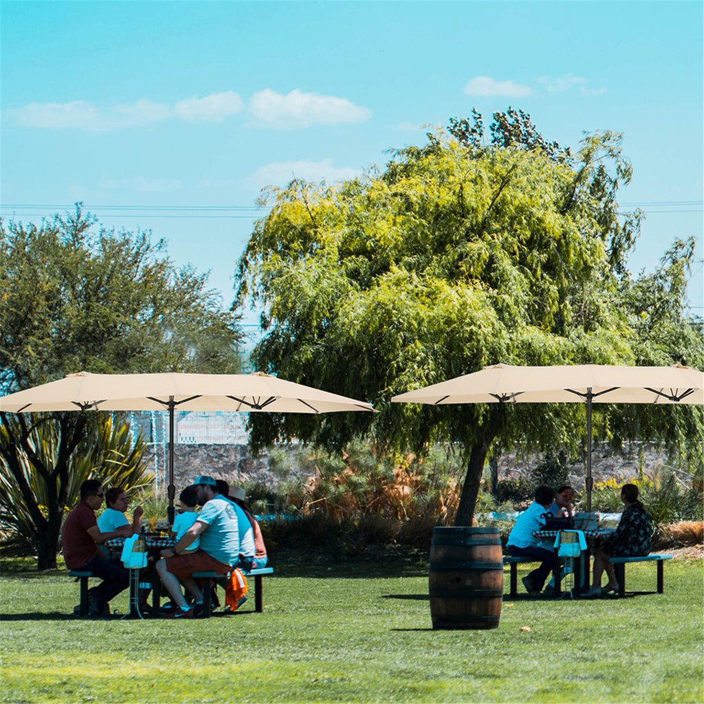Tan Double-Sided Rectangular Patio Market Umbrella with Crank H599512