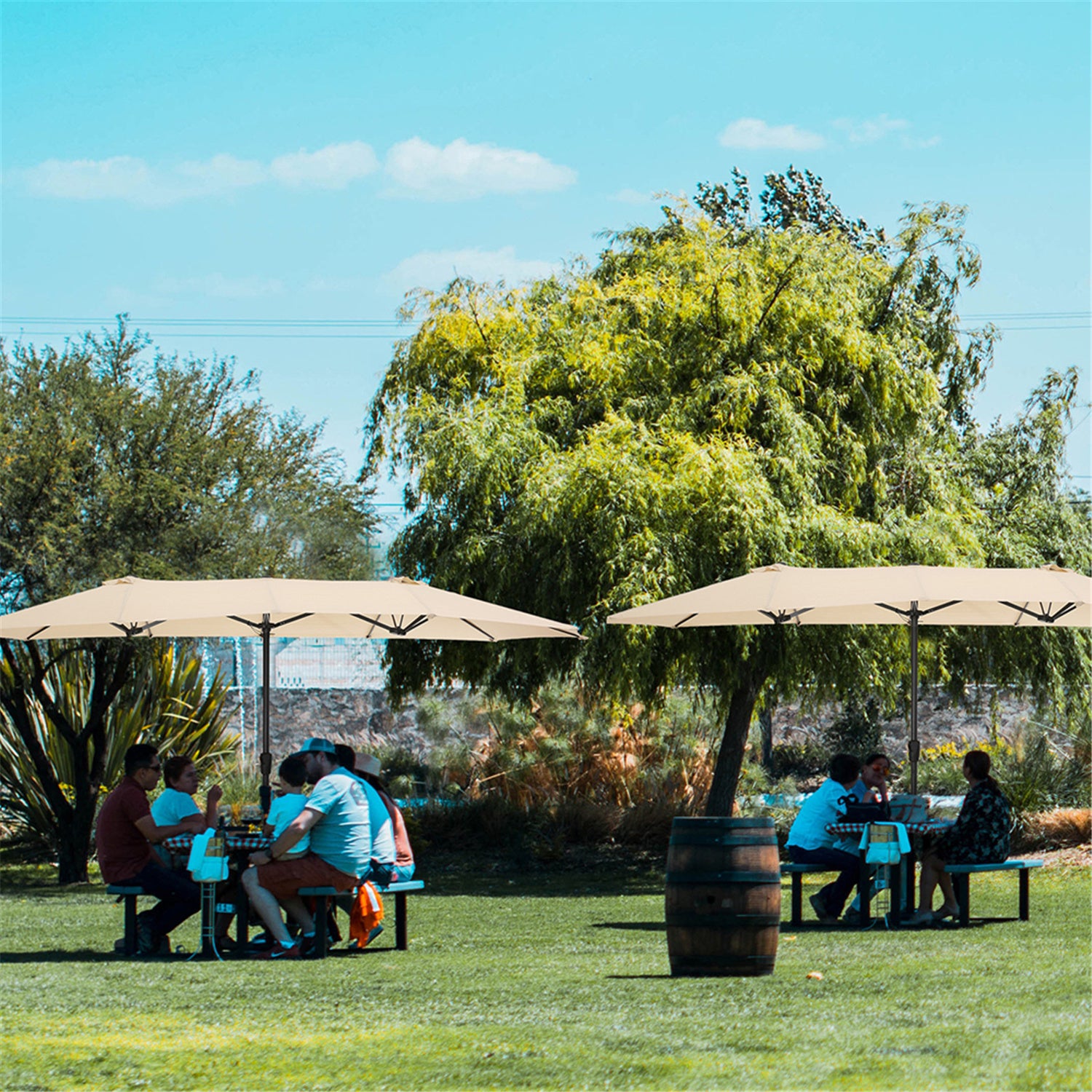 Tan Double-Sided Rectangular Patio Market Umbrella with Crank H599512