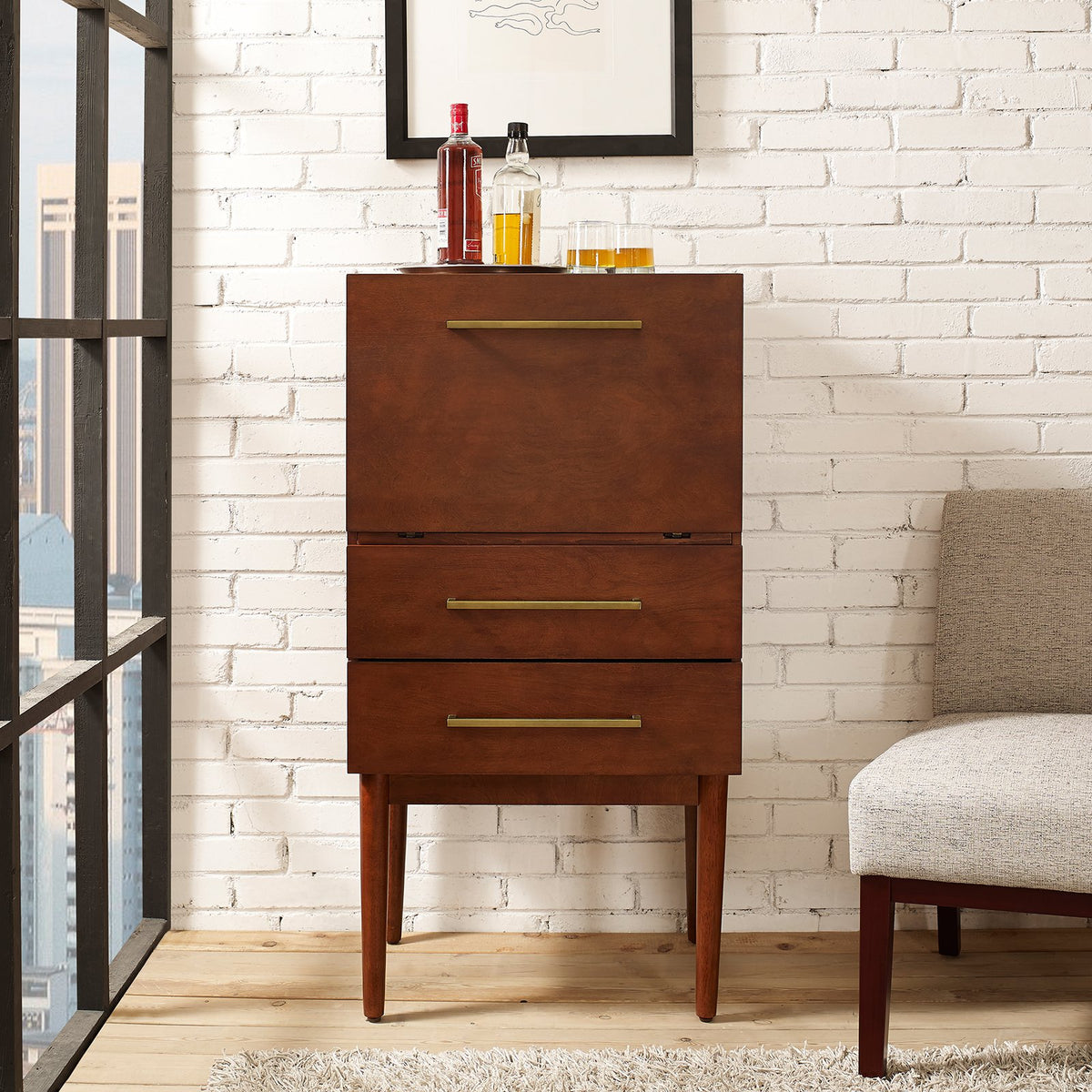 2 Drawer Wood Bar Cabinet in Mahogany G9300