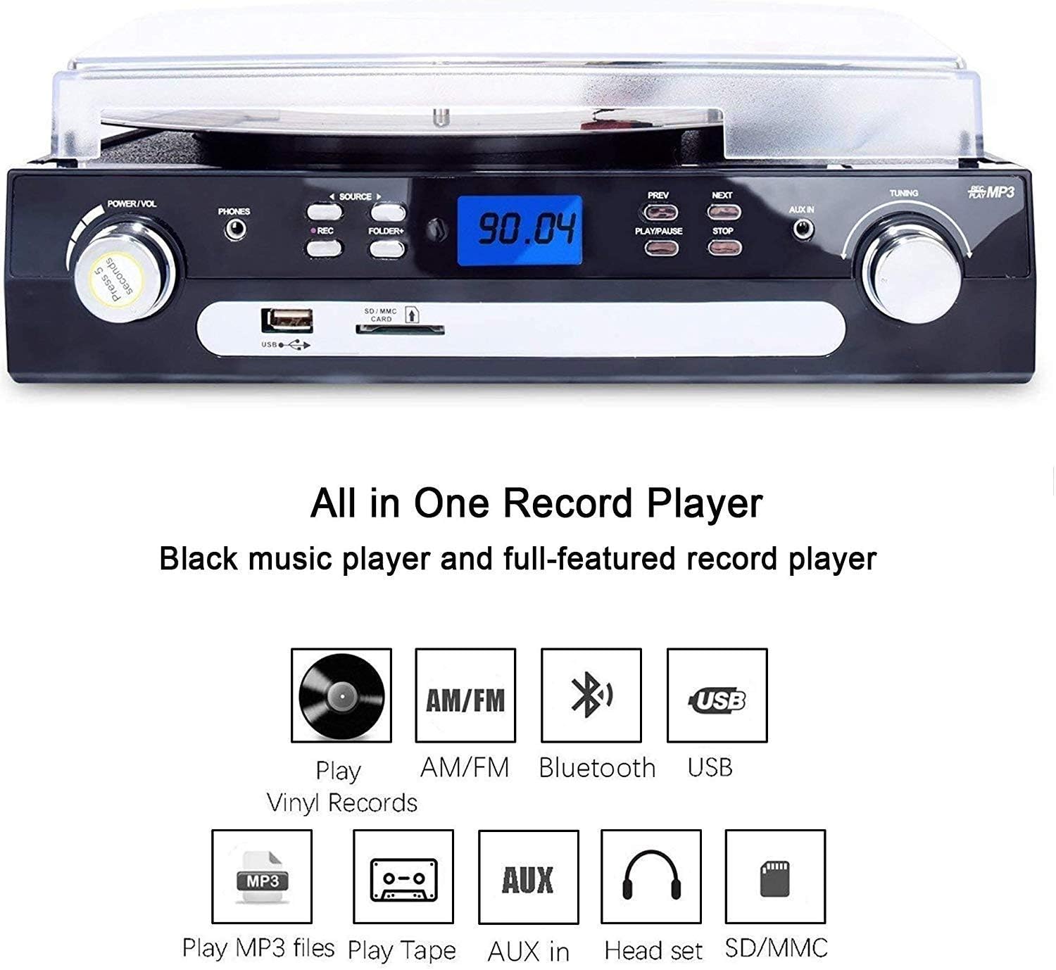 Bluetooth Record Player with Stereo Speakers, AM/FM Radio, Remote Control, Black, Pack of 2 C183671