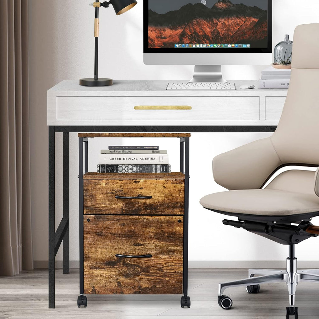 Rustic Brown Black 2 Drawer Rolling File Cabinet with Shelves D741