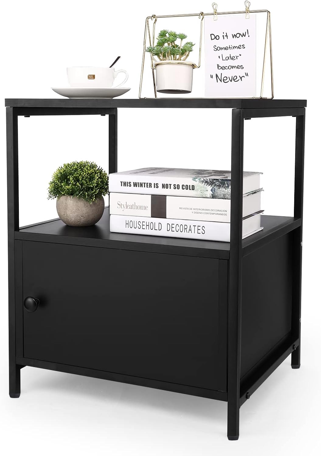 White 3-Tier Wooden Nightstand with Storage Cabinet and Open Shelf V49082