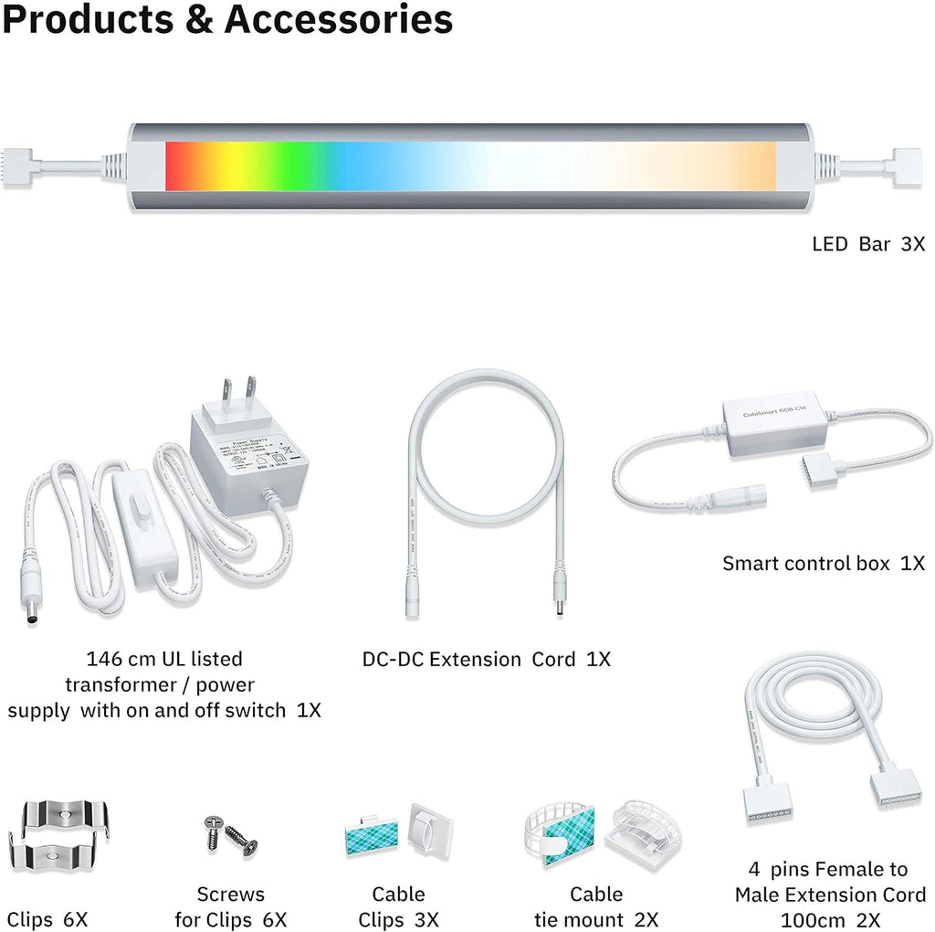 Under Cabinet Lighting Strip Lights White and Multi Color Dimmable 3 Lights Bar kit Pack of 2 J19466