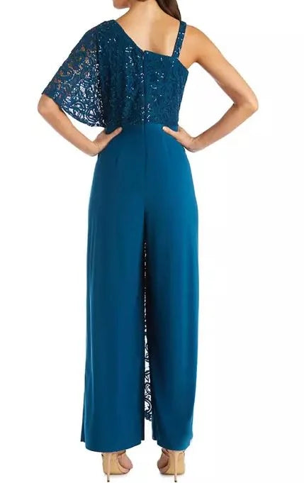 Embellished Sequin Lace Caplet Jumpsuit, Peacock, 6 I28420