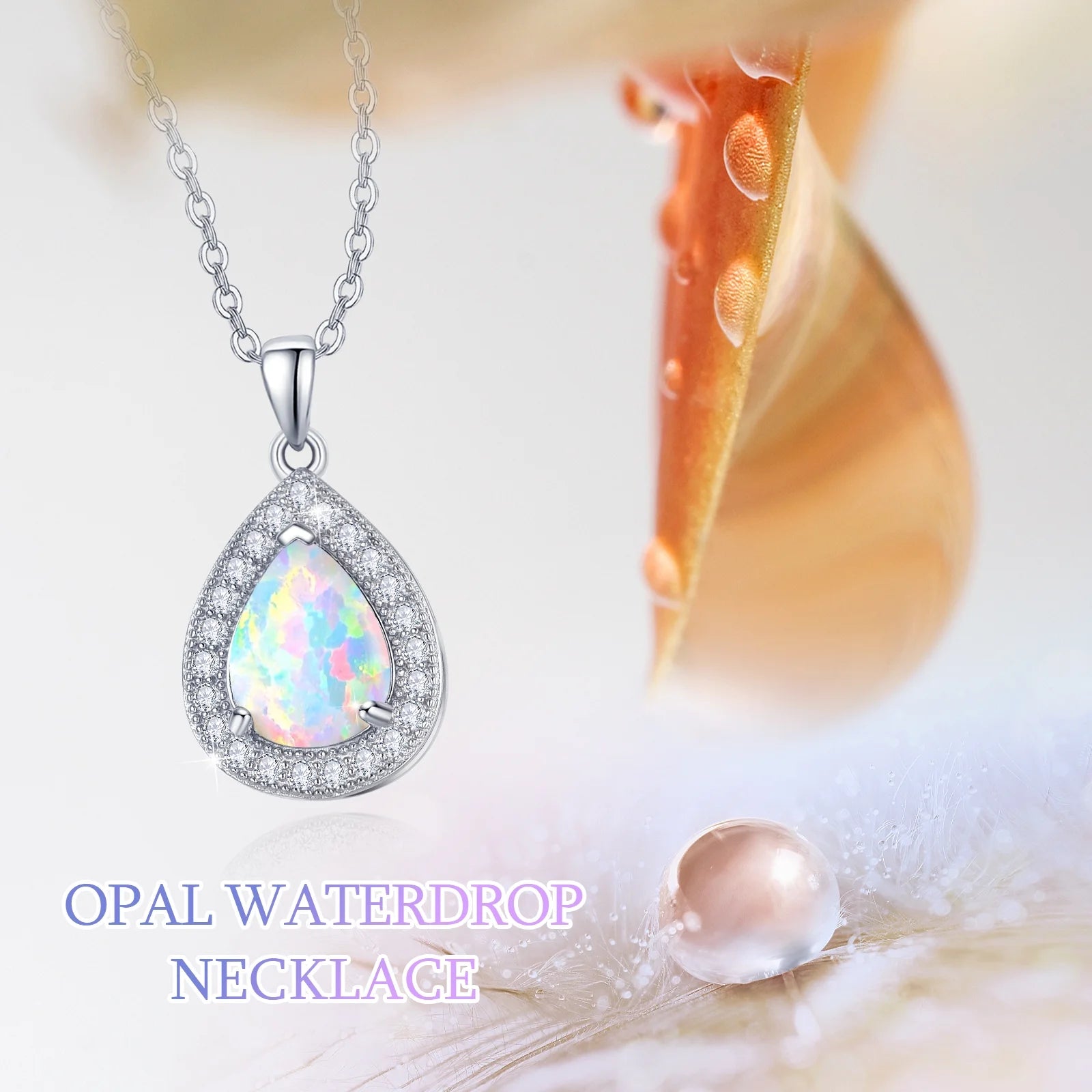 Opal Pendant Necklace 925 Sterling Silver Waterdrop Necklaces 18K White Gold Plated Opal Jewelry P349