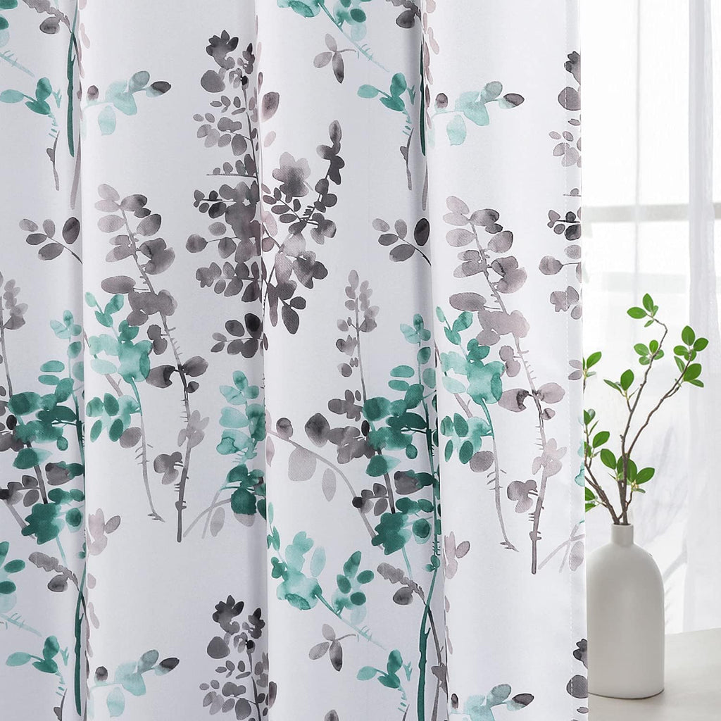 Blackout Grommet Curtains 84 Inch Long, Grey and Turquoise Floral Printing, 2 Panels W19637