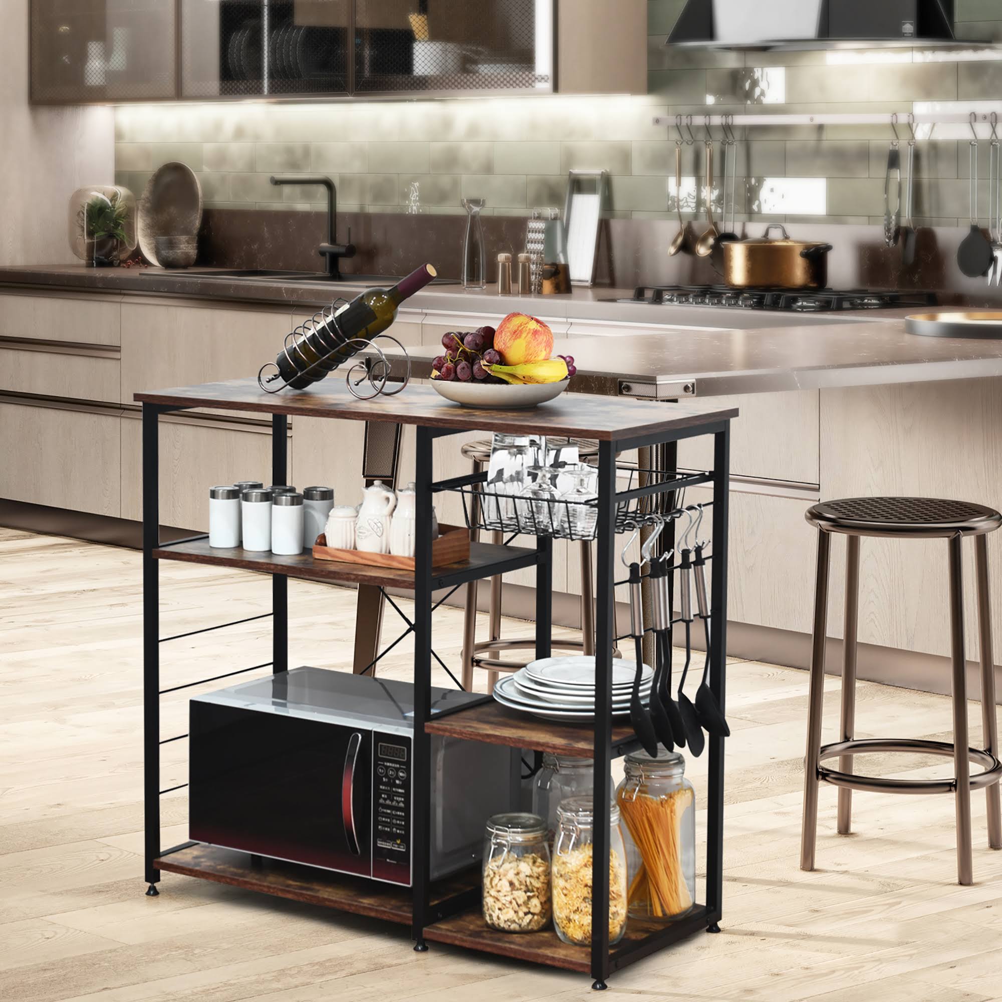Industrial Kitchen Baker's Rack Microwave Stand Utility Storage Shelf with 6 Hooks Steel Black P193