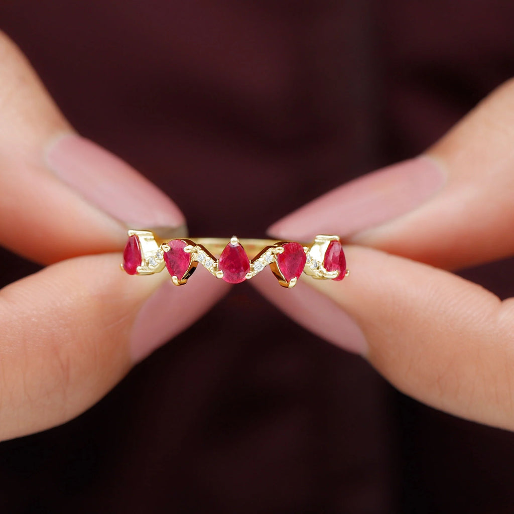 Pear Cut Ruby and Diamond Half Eternity Ring, 14K Yellow Gold, US 9.00 S4696