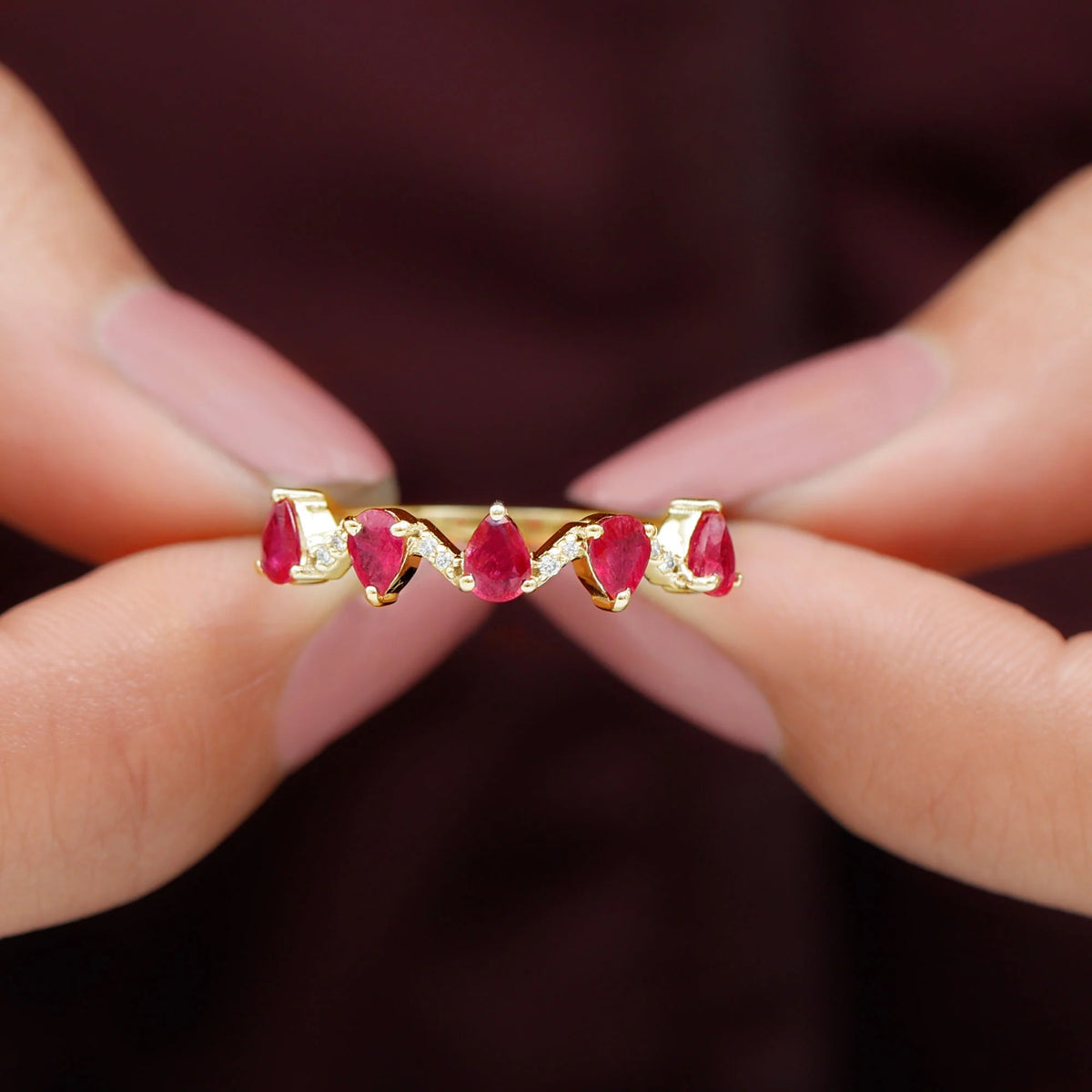 Pear Cut Ruby and Diamond Half Eternity Ring, 14K Yellow Gold, US 9.00 S4696