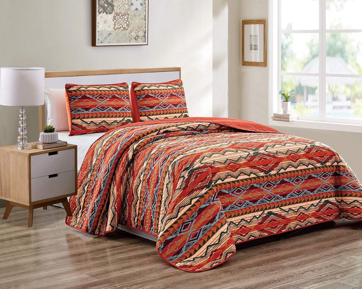 Rustic Native American Quilt Bedspread Coverlet Bedding Set in Southwest Tribal Patterns in Beige Brown Turquoise Blue Copper Burnt Orange & Rust Colors - Arizona (Full / Queen) Q122578