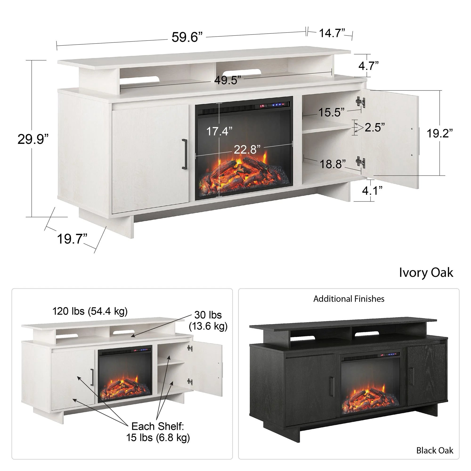 Electric Fireplace TV Console with Storage Cabinets, Black Oak R4042