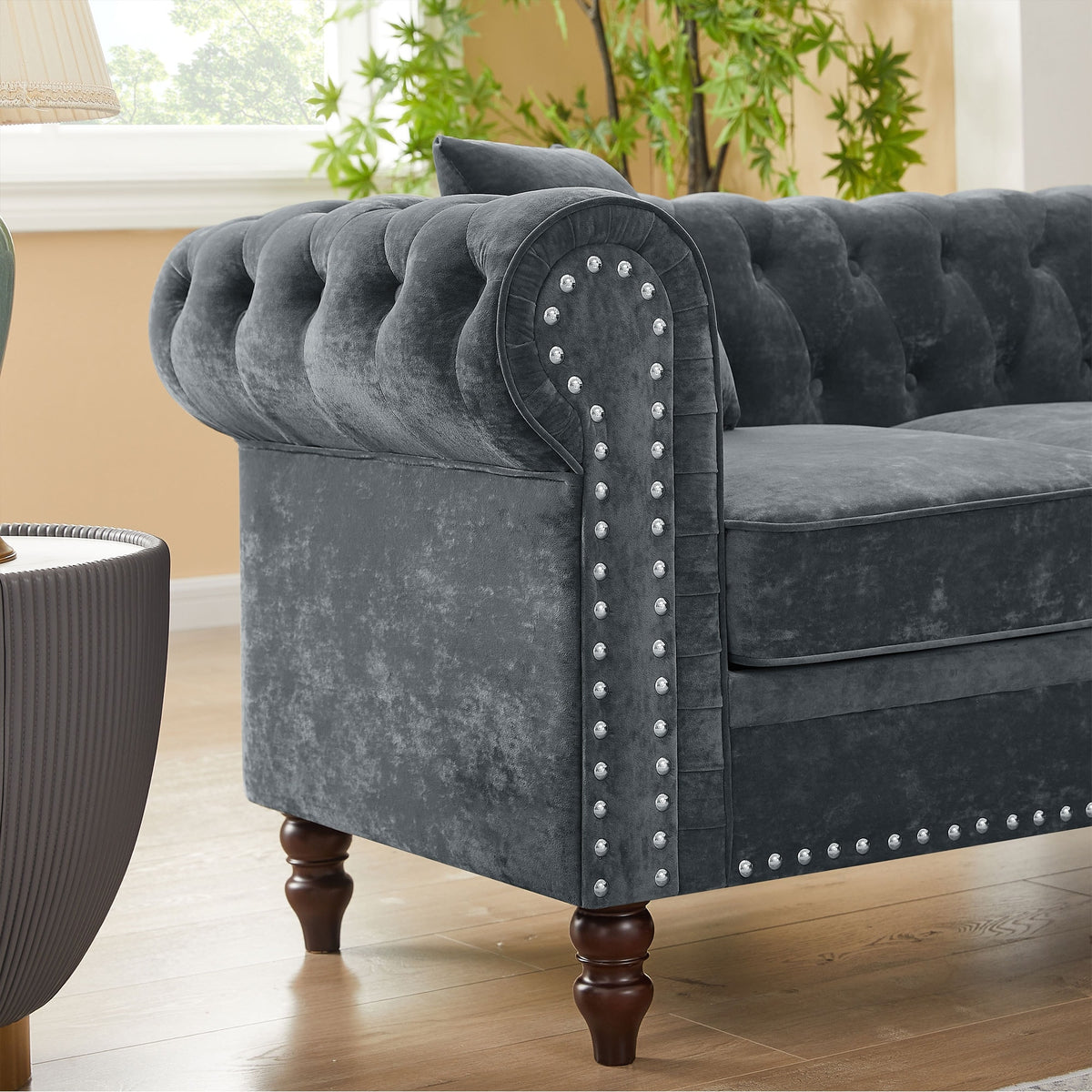 Grey Button Tufted Upholstered Chesterfield L-Shaped Sofa E500