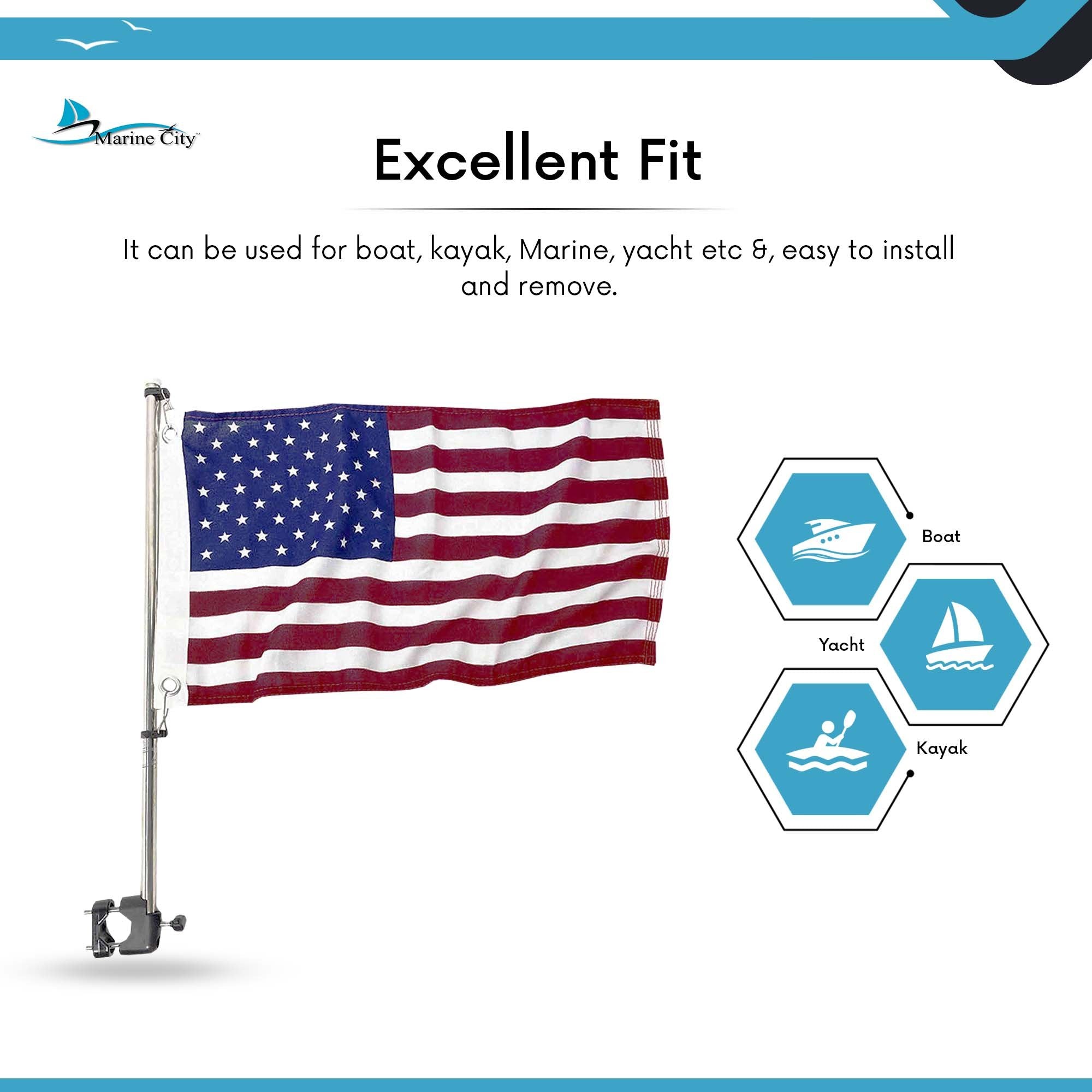 21 inch Stainless Steel Rail Mounted Flag Staff with Black Plastic Flag Pole Base and 12 X 18 inches US Flag N182832