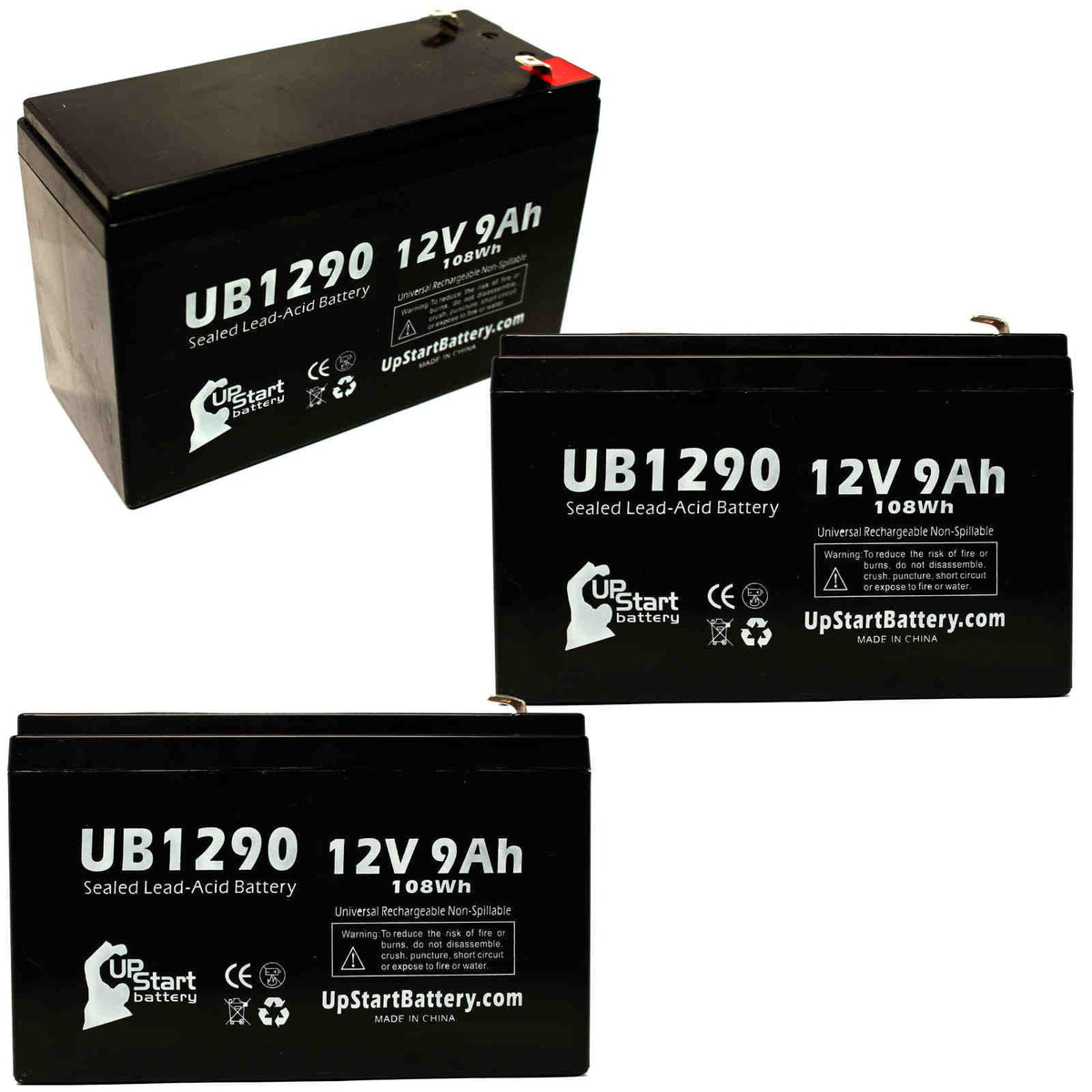 3x Pack Replacement Sealed Lead Acid Battery (12V, 9Ah, 9000mAh, F1 Terminal, AGM, SLA) with 6 F1 to F2 Terminal Adapters S713083