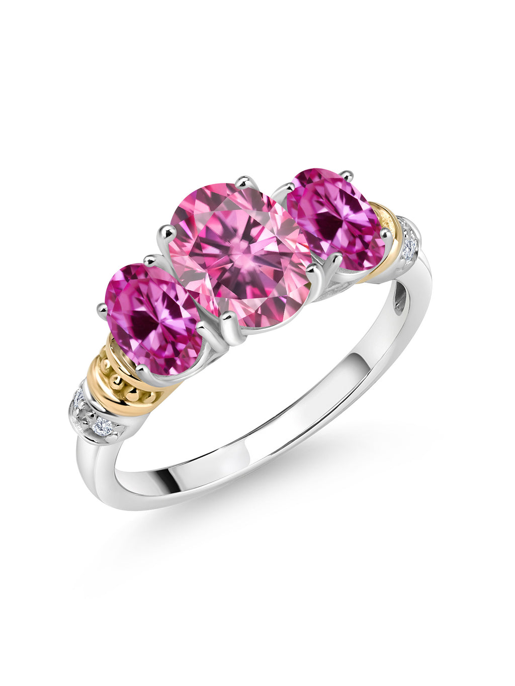 Oval Pink Moissanite and Created Sapphire 3 Stone Ring with White Diamond, 2.41 Cttw M70248