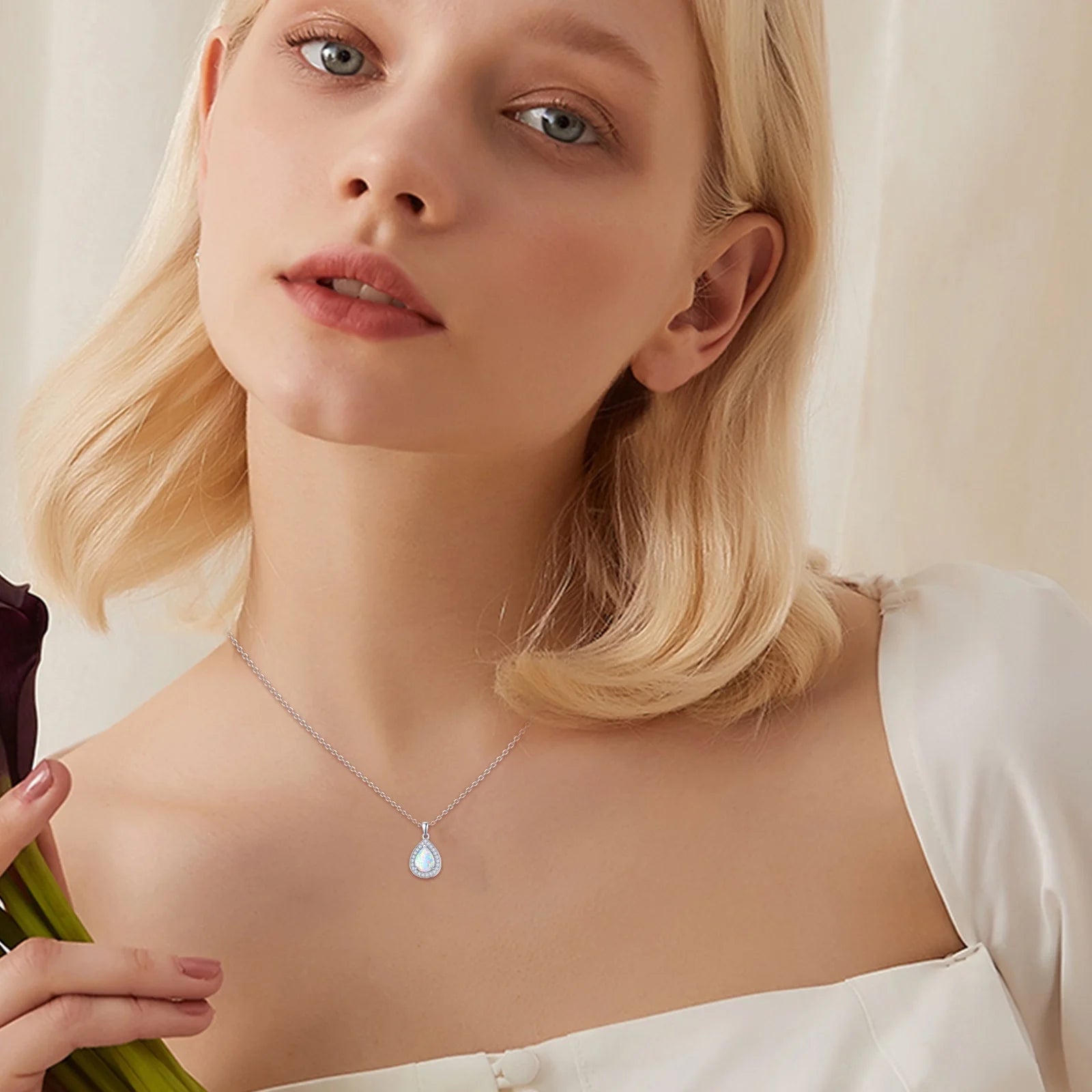 Opal Pendant Necklace 925 Sterling Silver Waterdrop Necklaces 18K White Gold Plated Opal Jewelry P349