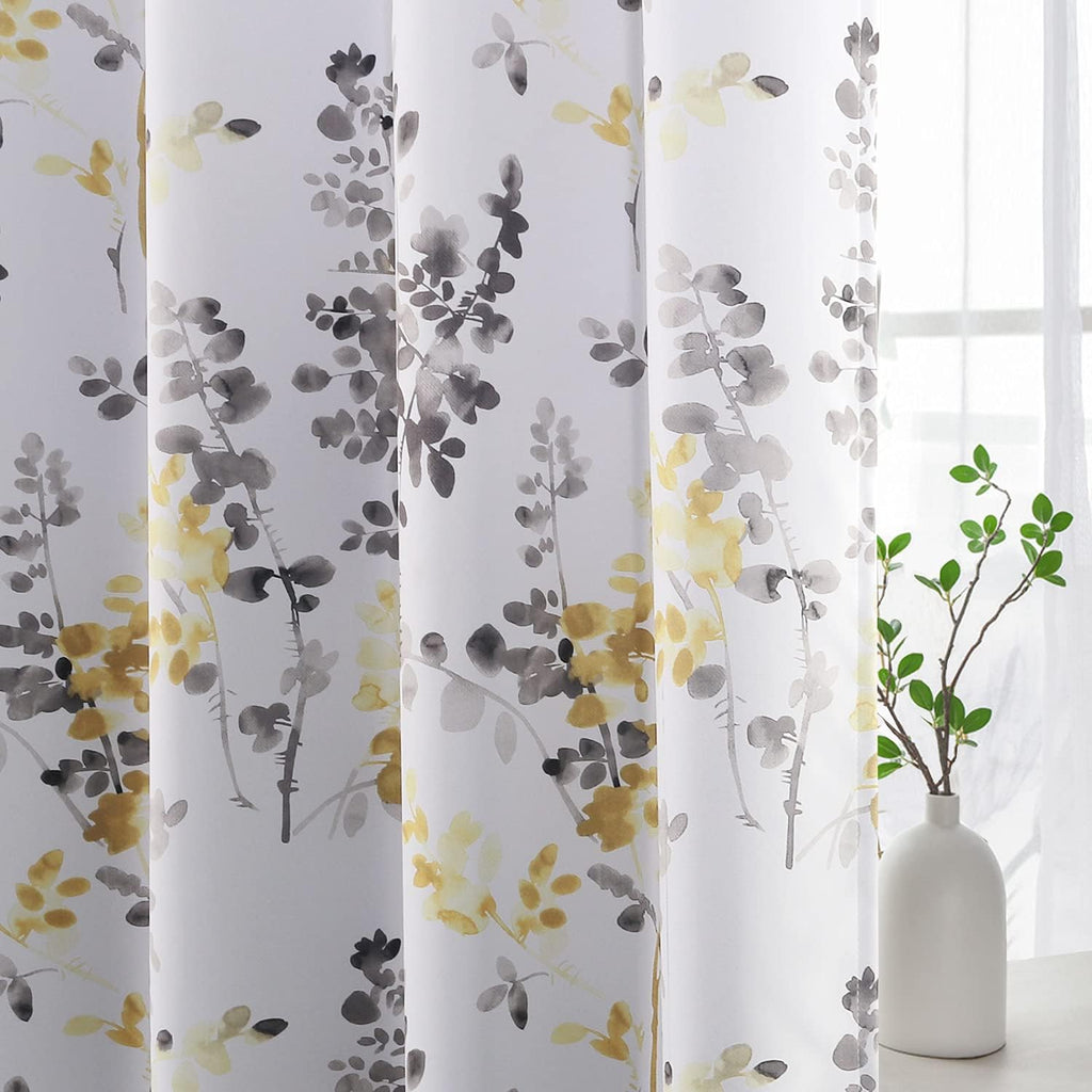Blackout Grommet Curtains 84 Inch Long, Grey and Turquoise Floral Printing, 2 Panels W19637