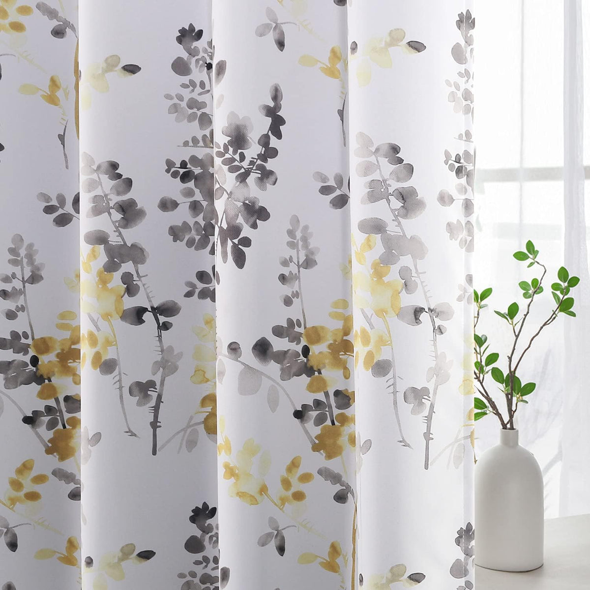 Blackout Grommet Curtains 84 Inch Long, Grey and Turquoise Floral Printing, 2 Panels W19637