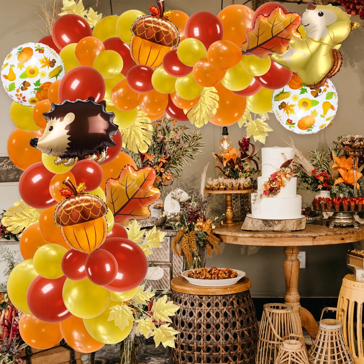 Orange Brown Gold Balloons Arch Garland Kit with Maple Leaves B860082