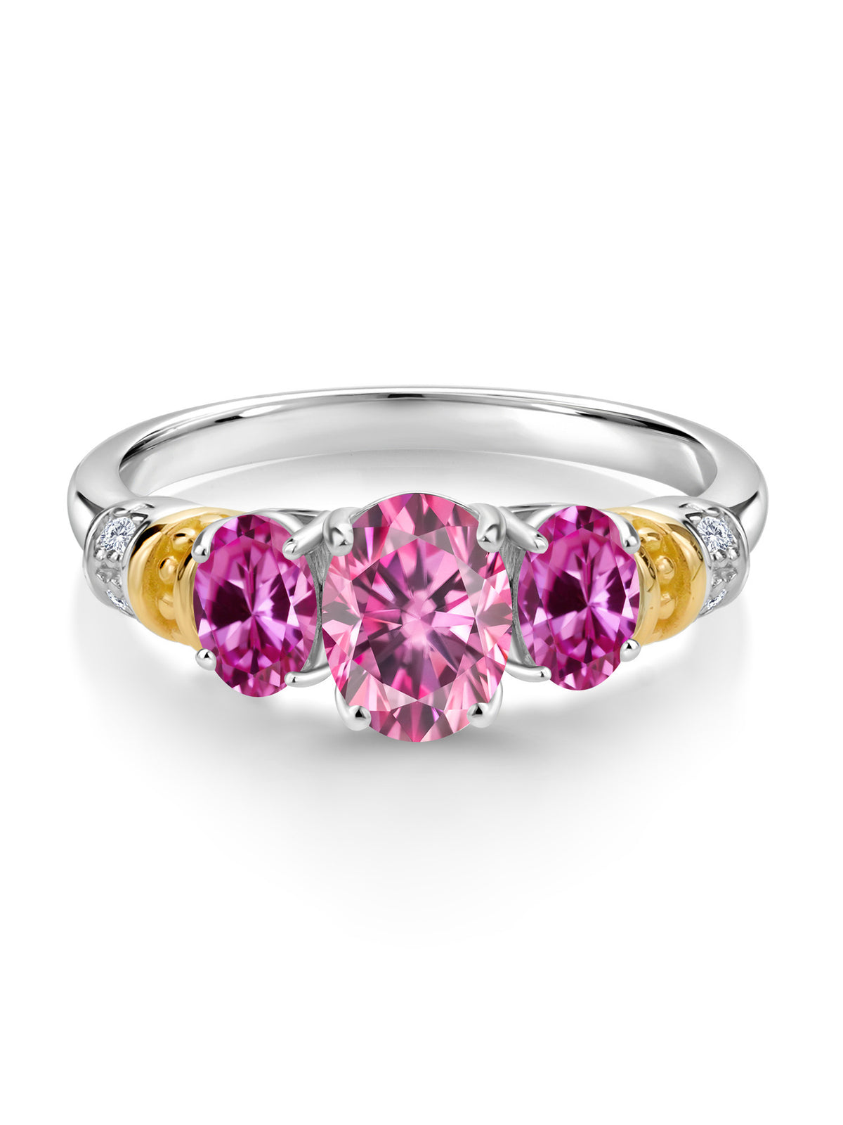 Oval Pink Moissanite and Created Sapphire 3 Stone Ring with White Diamond, 2.41 Cttw M70248