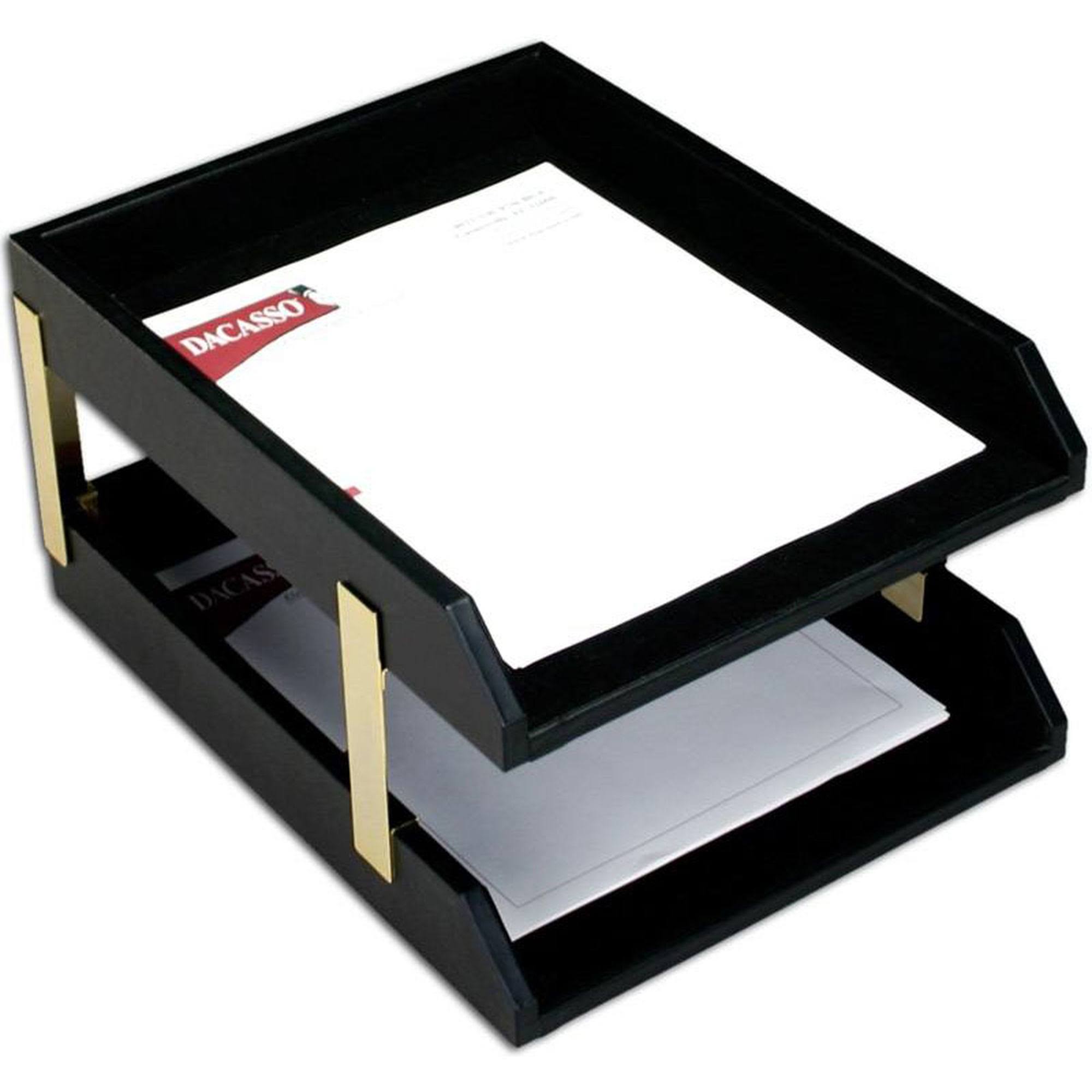 Black Leather Front Load Letter Trays with Gold Stacking Posts J180896