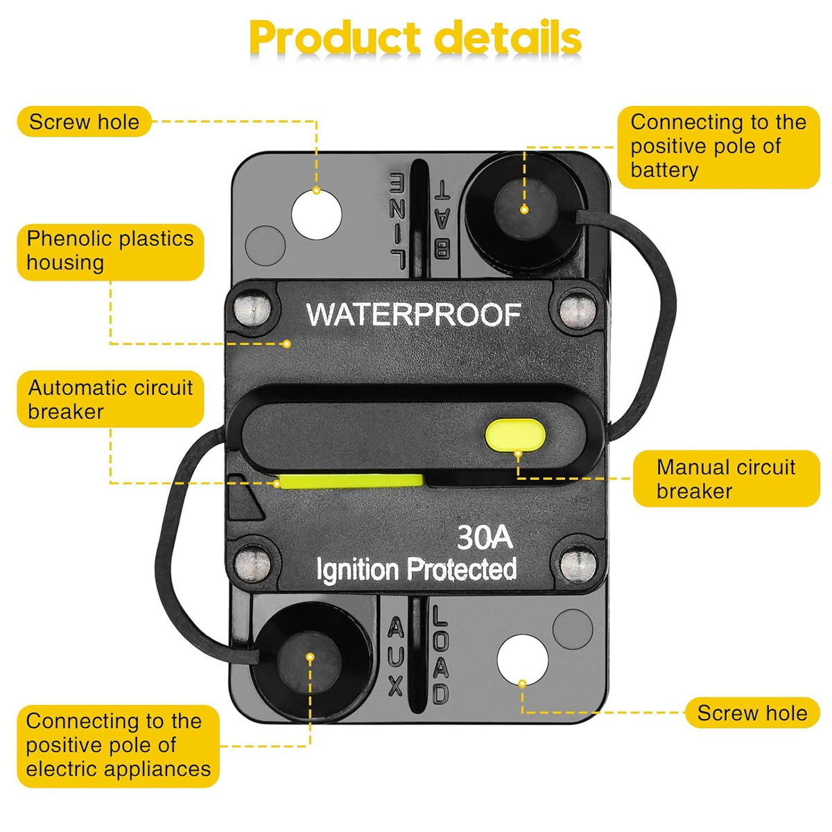 30 Amp Circuit Breaker, Inline Fuse Inverter with Manual Reset, 12V-48V DC Water Proof, Surface Mount-30A, Pack of 2 P270