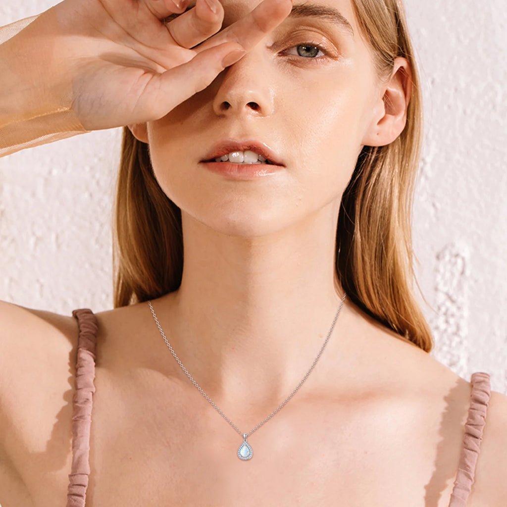 Opal Pendant Necklace 925 Sterling Silver Waterdrop Necklaces 18K White Gold Plated Opal Jewelry P349