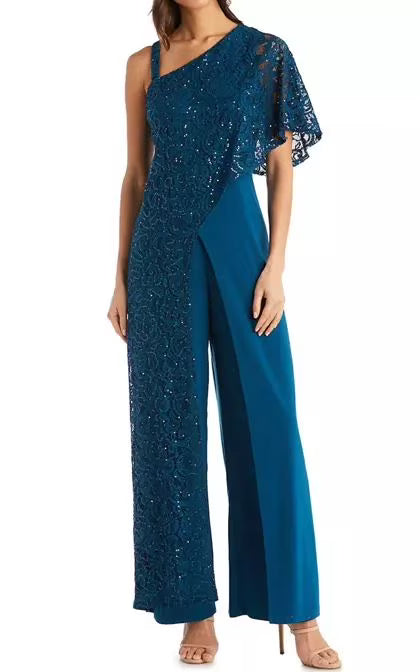Embellished Sequin Lace Caplet Jumpsuit, Peacock, 6 I28420