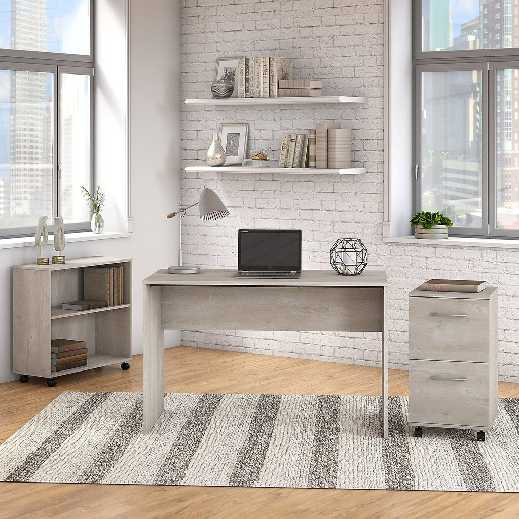 Washed Gray Small Desk with Mobile File Cabinet and Bookcase R334023