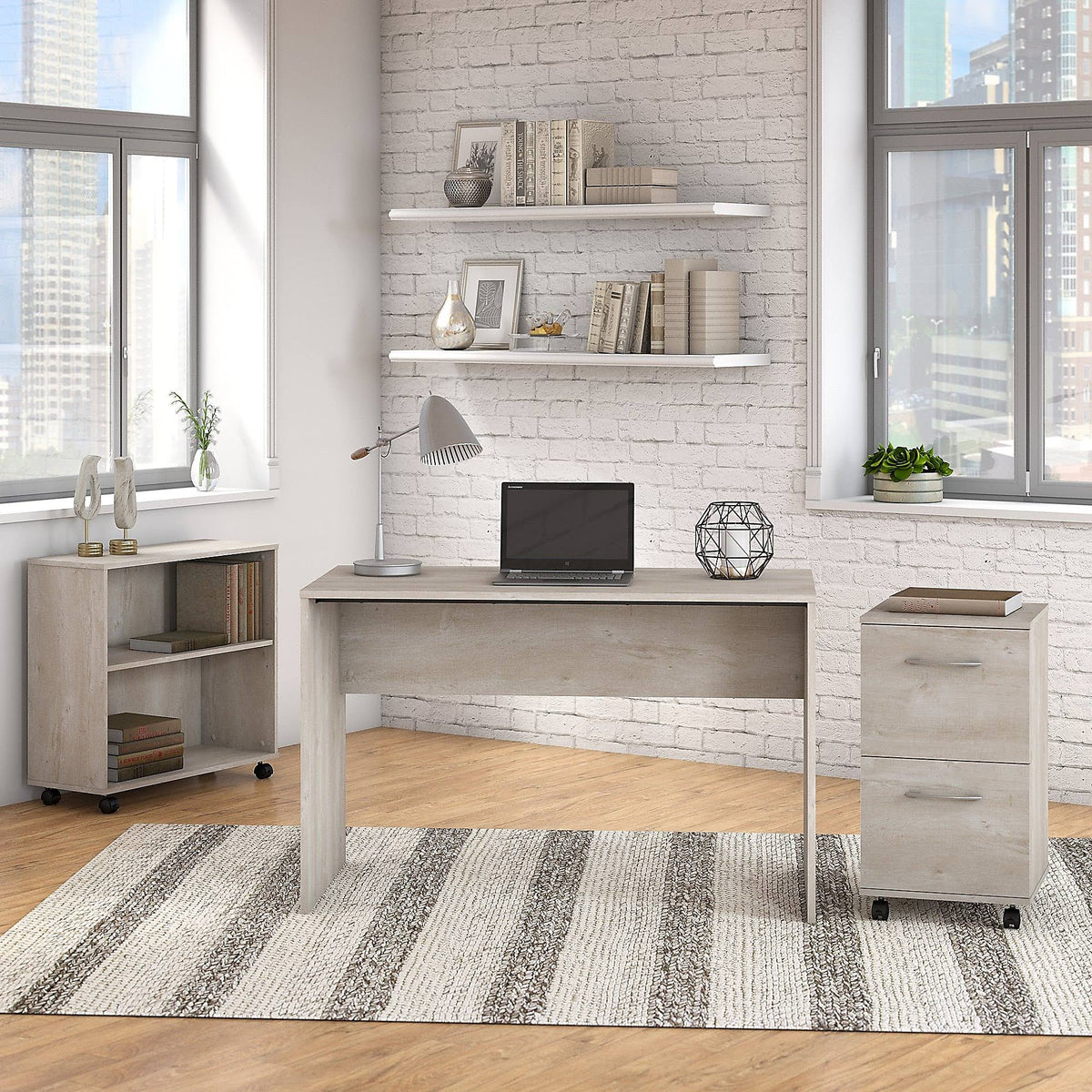 Washed Gray Small Desk with Mobile File Cabinet and Bookcase R334023