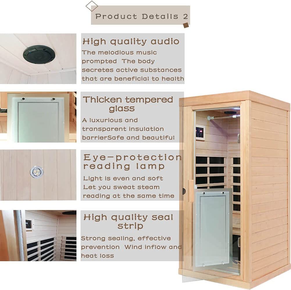 Far Infrared Wooden Sauna Room, 1-Person Size, 1350W, 8 Low EMF Heaters C3504