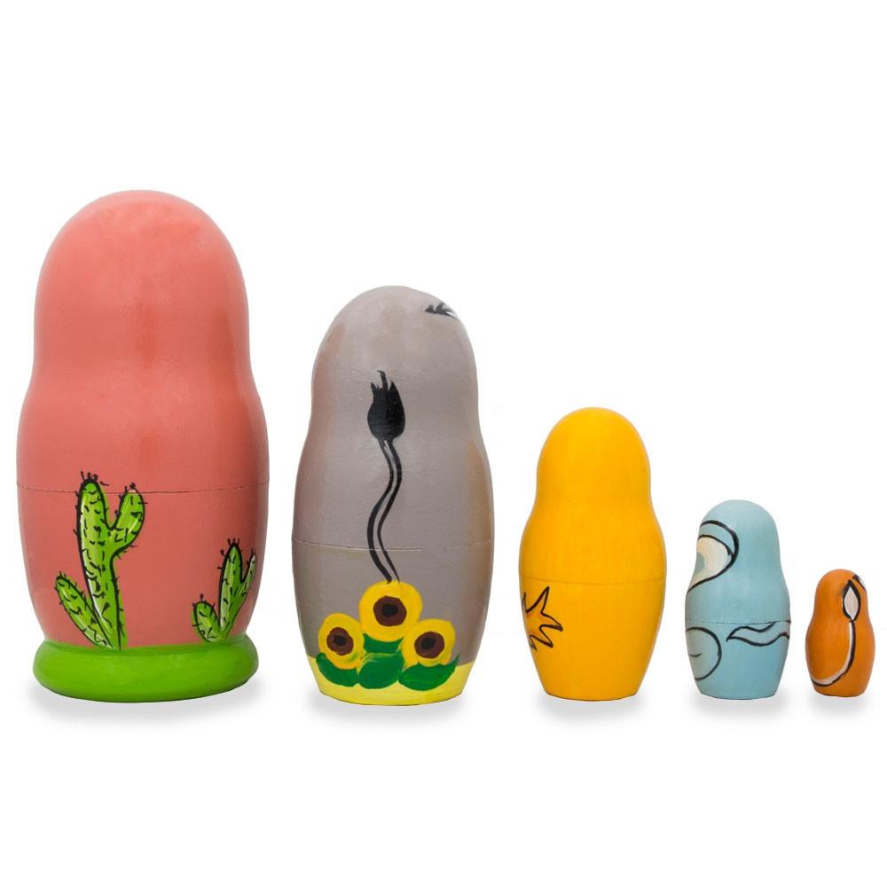Set of 5 Wooden Animal Nesting Dolls 4.25 Inches W9945